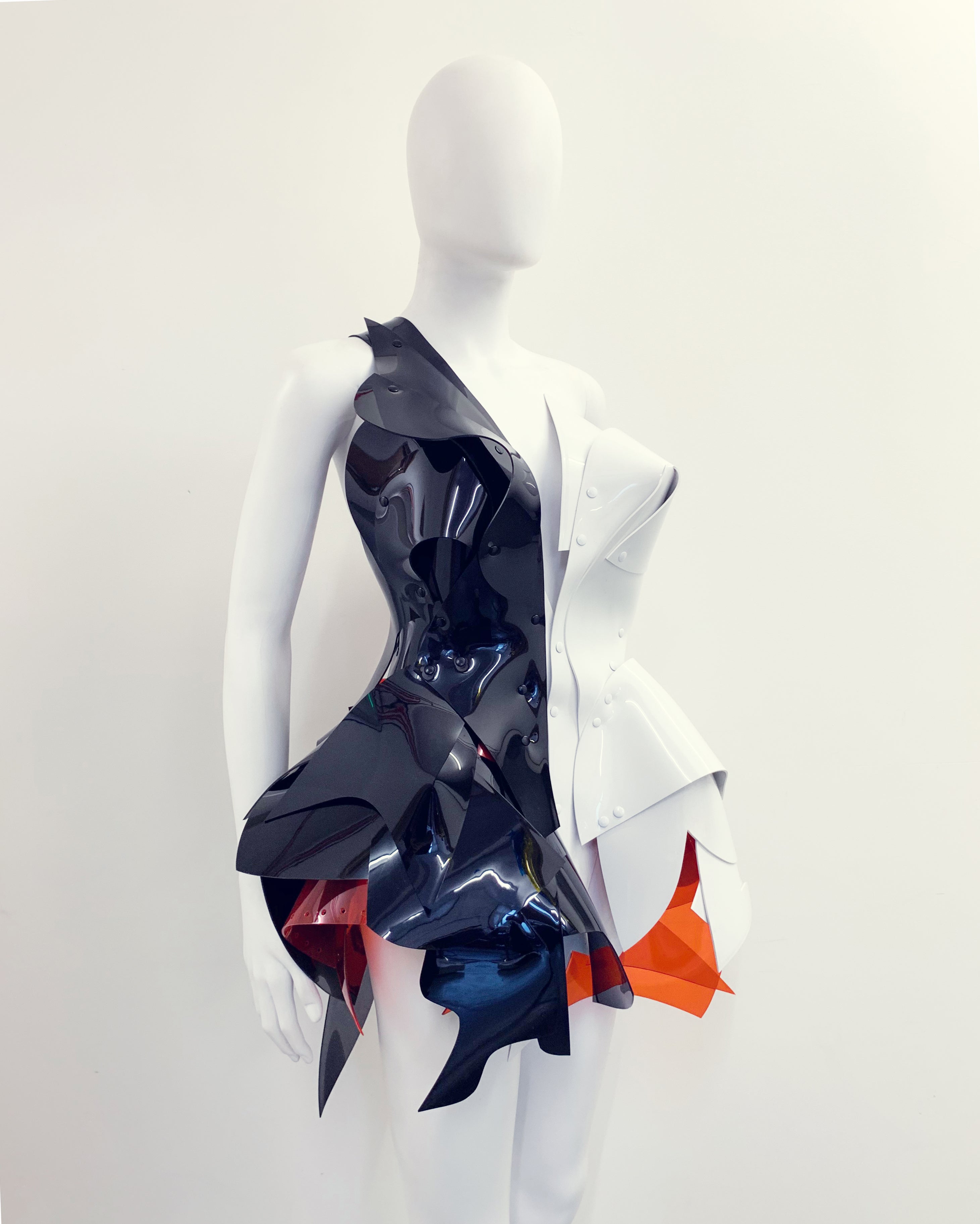 'Onna Bugeisha' collection Jivomir Domoustchiev Are Colore Dress lovingly made to order in our east London atelier in vegan vinyl and available in a variety of stunning colours and studding details. An artist expression pure asymmetrical balance wear as a dress or display as a sculpture