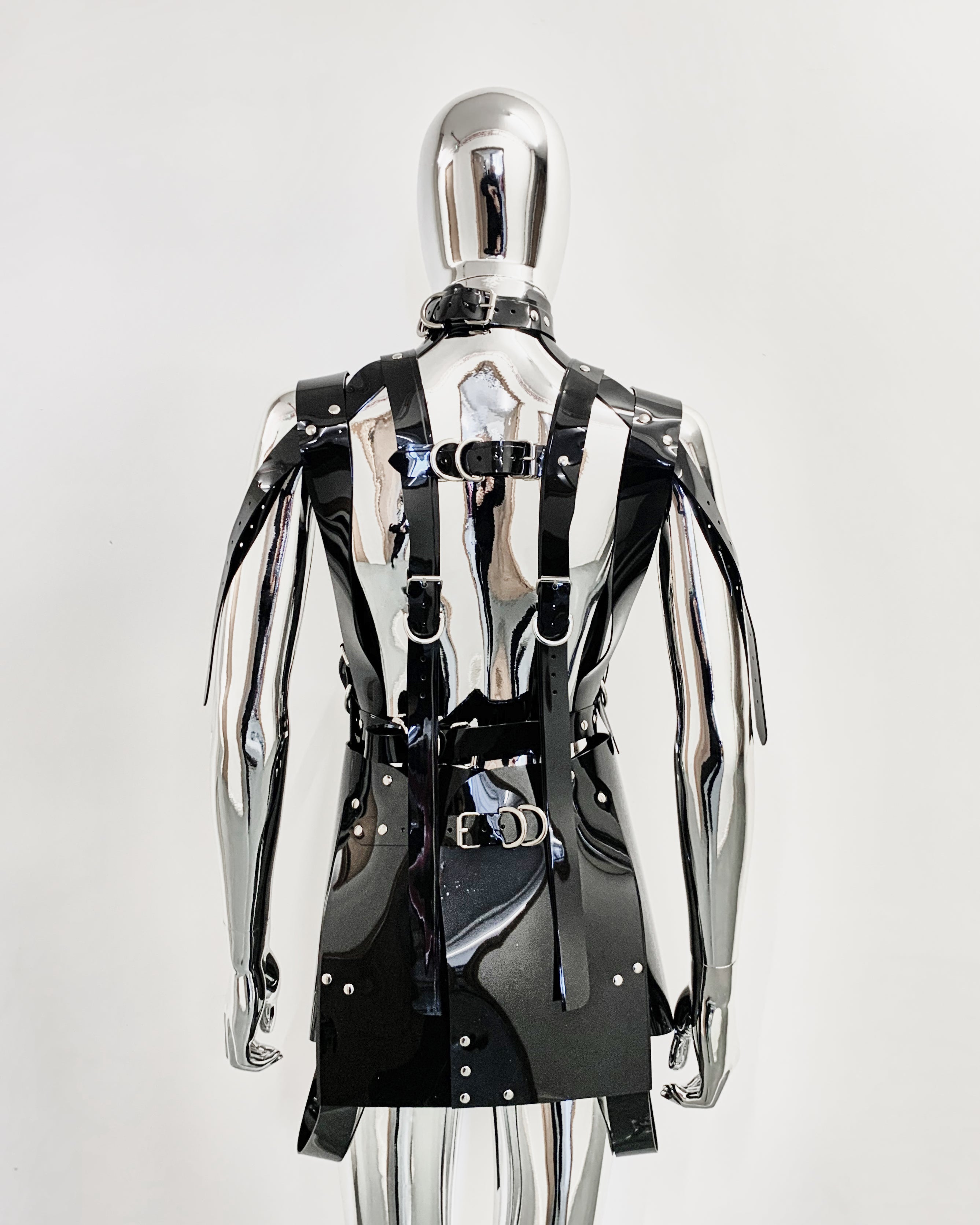 Jivomir Domoustchiev PVC vegan Vinyl Future Gladiator multi buckle harness dress