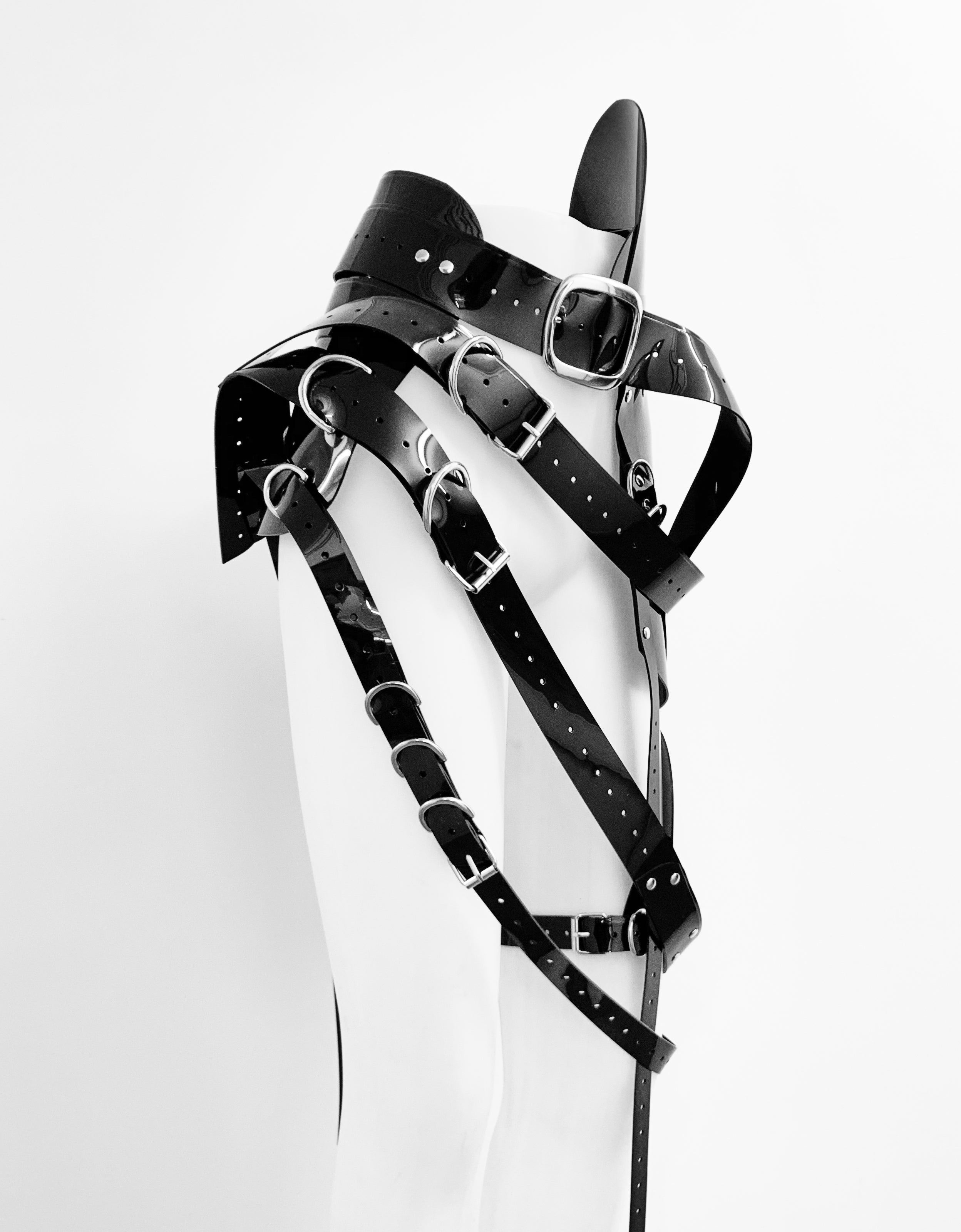 Jivomir Domoustchiev Multi buckle harness belt black and goldJivomir Domoustchiev Multi buckle harness belt transparent red vegan vinyl multi strap belt harness