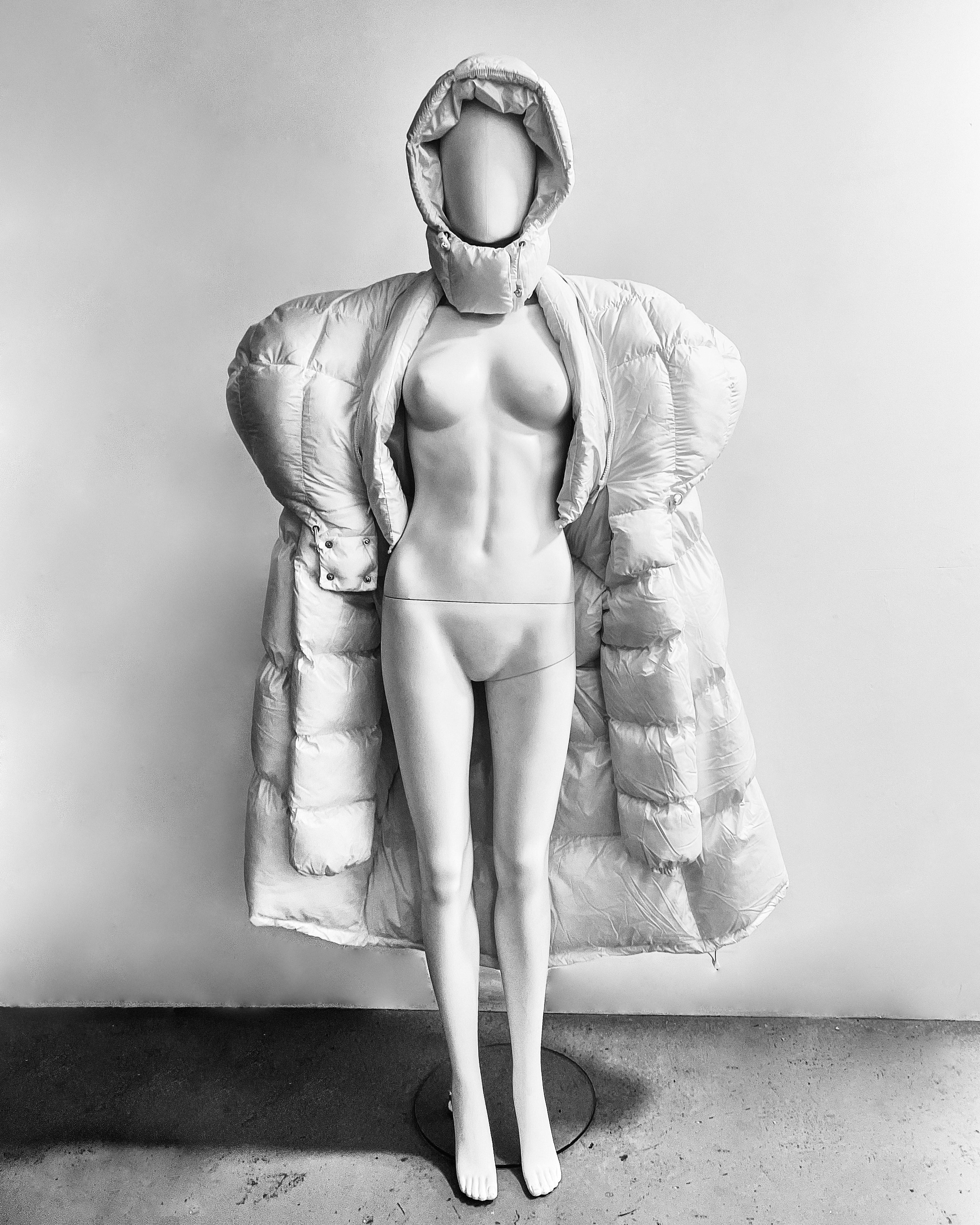 White Shoulder PUF Coat Jivomir Domoustchiev reimagined repurpose sculpture puffer jacket redesign limited edition drop custom made to order