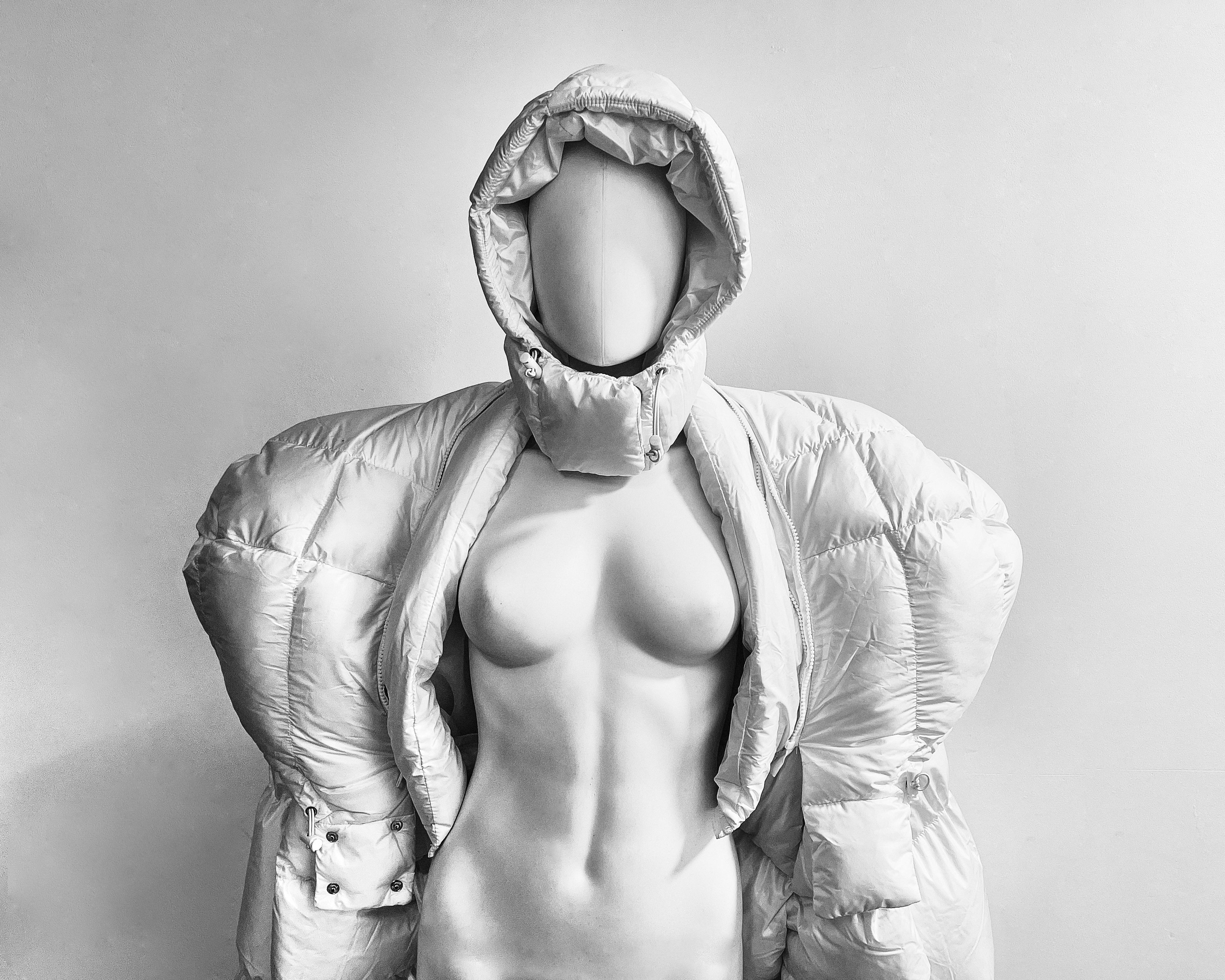 White Shoulder PUF Coat Jivomir Domoustchiev reimagined repurpose sculpture puffer jacket redesign limited edition drop custom made to order