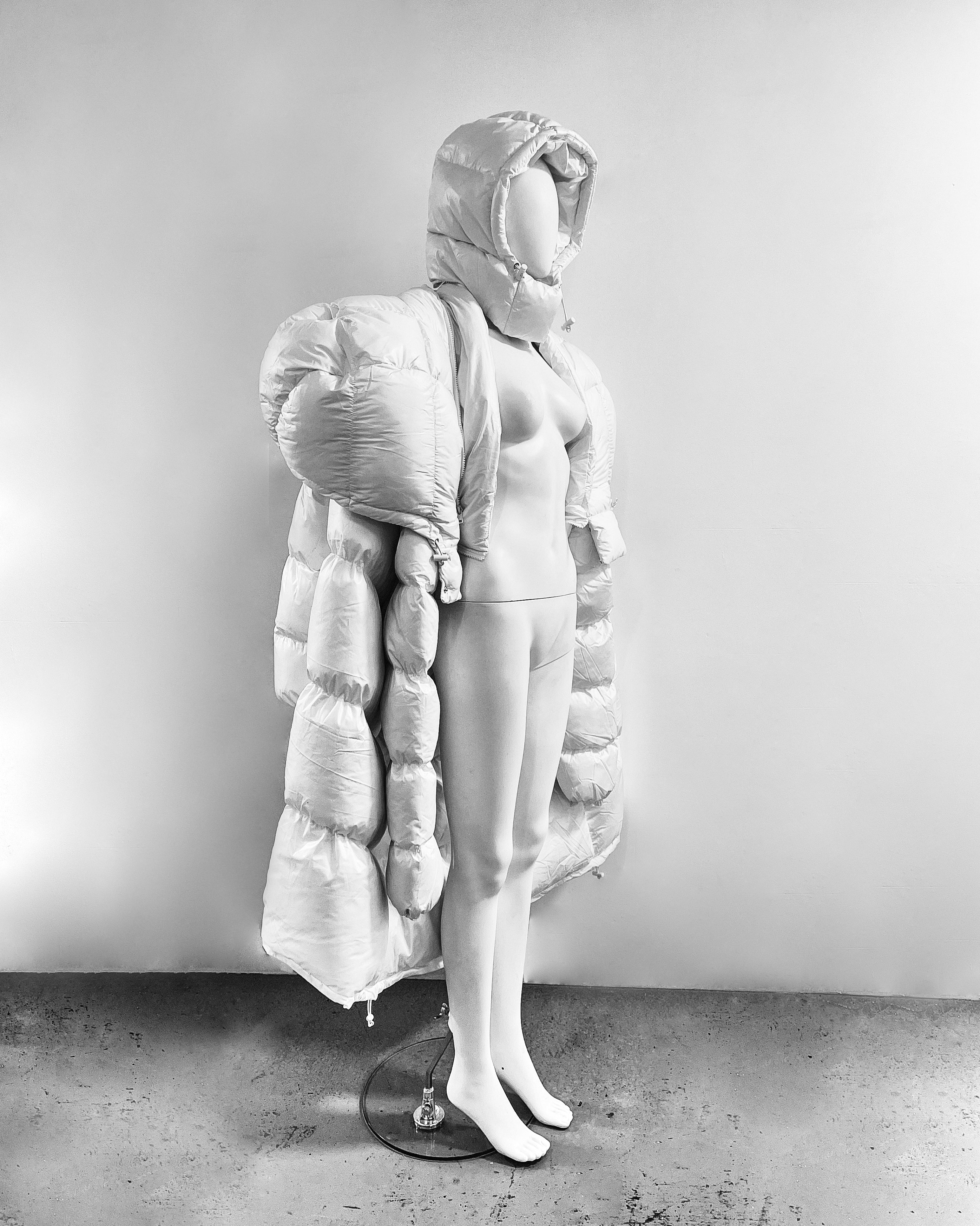 White Shoulder PUF Coat Jivomir Domoustchiev reimagined repurpose sculpture puffer jacket redesign limited edition drop custom made to order