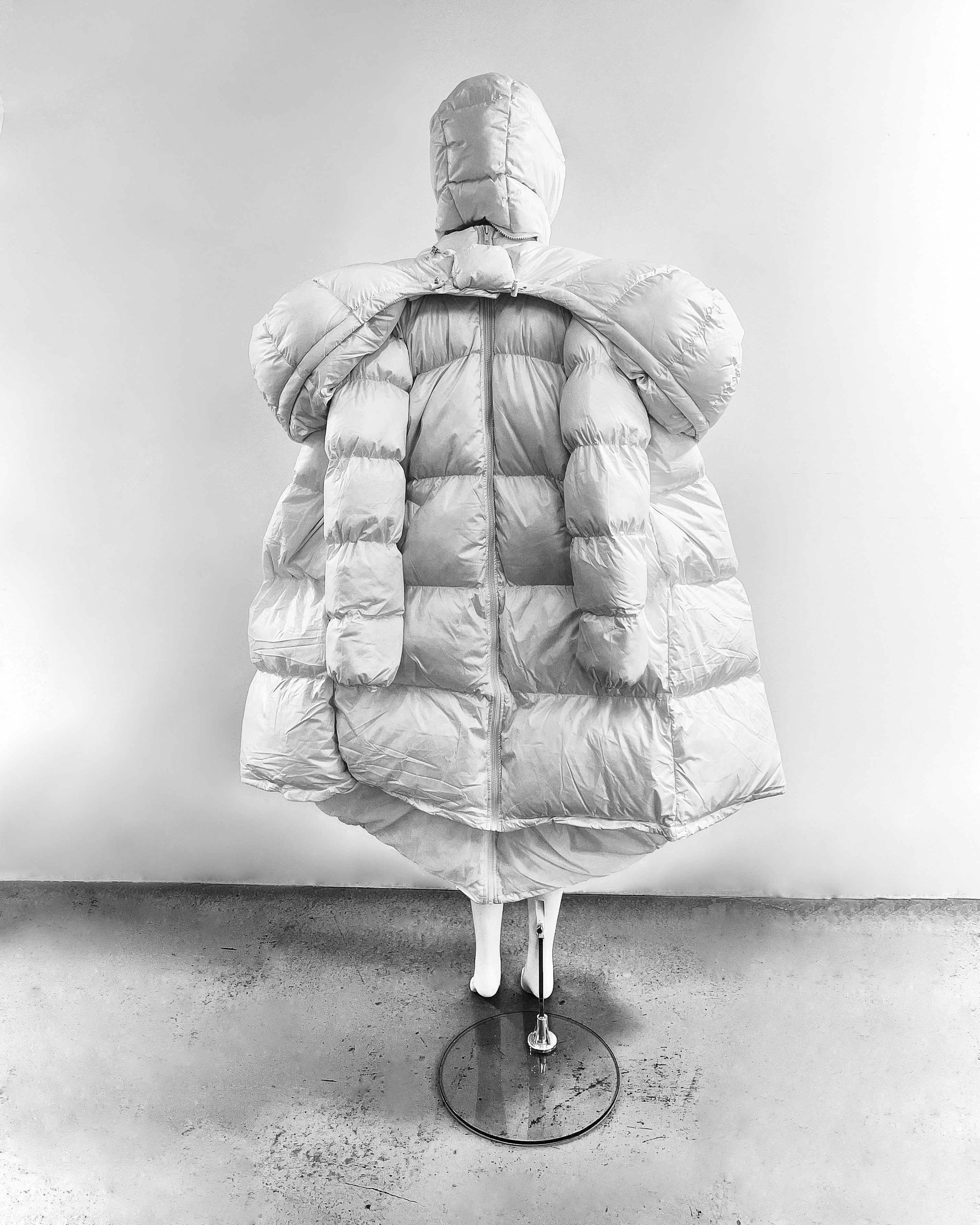White Shoulder PUF Coat Jivomir Domoustchiev reimagined repurpose sculpture puffer jacket redesign limited edition drop custom made to order