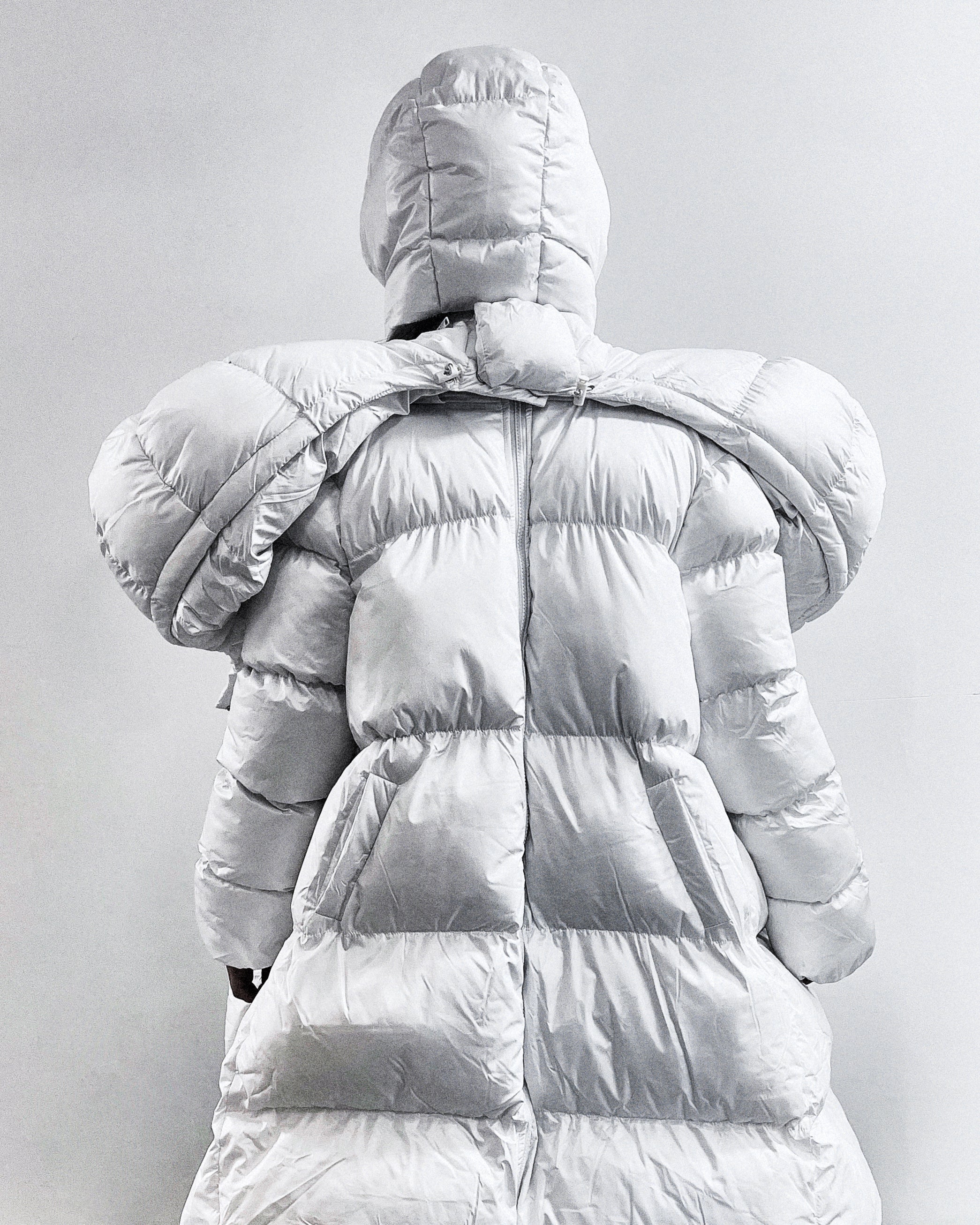 White Shoulder PUF Coat Jivomir Domoustchiev reimagined repurpose sculpture puffer jacket redesign limited edition drop custom made to order