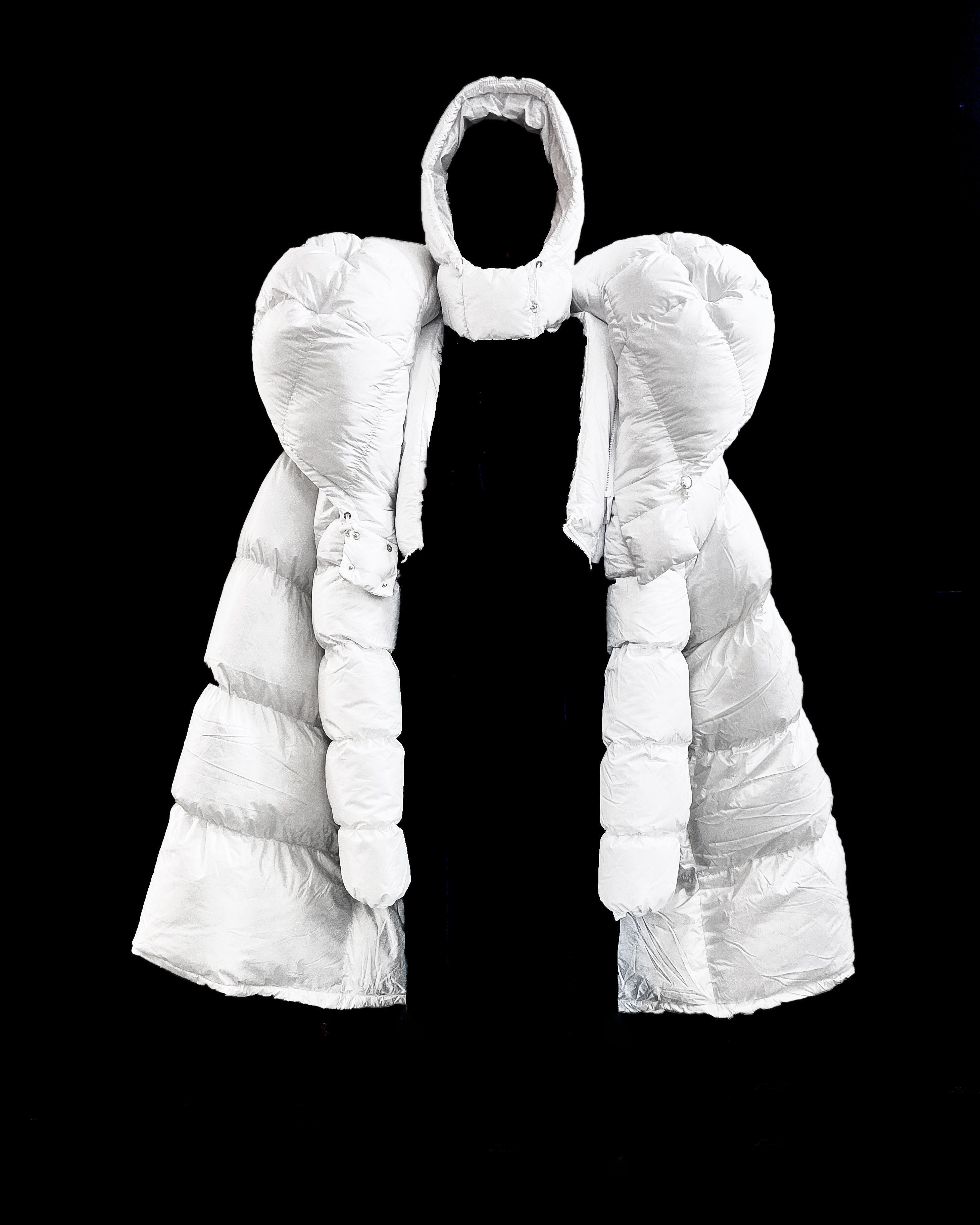White Shoulder PUF Coat Jivomir Domoustchiev reimagined repurpose sculpture puffer jacket redesign limited edition drop custom made to order