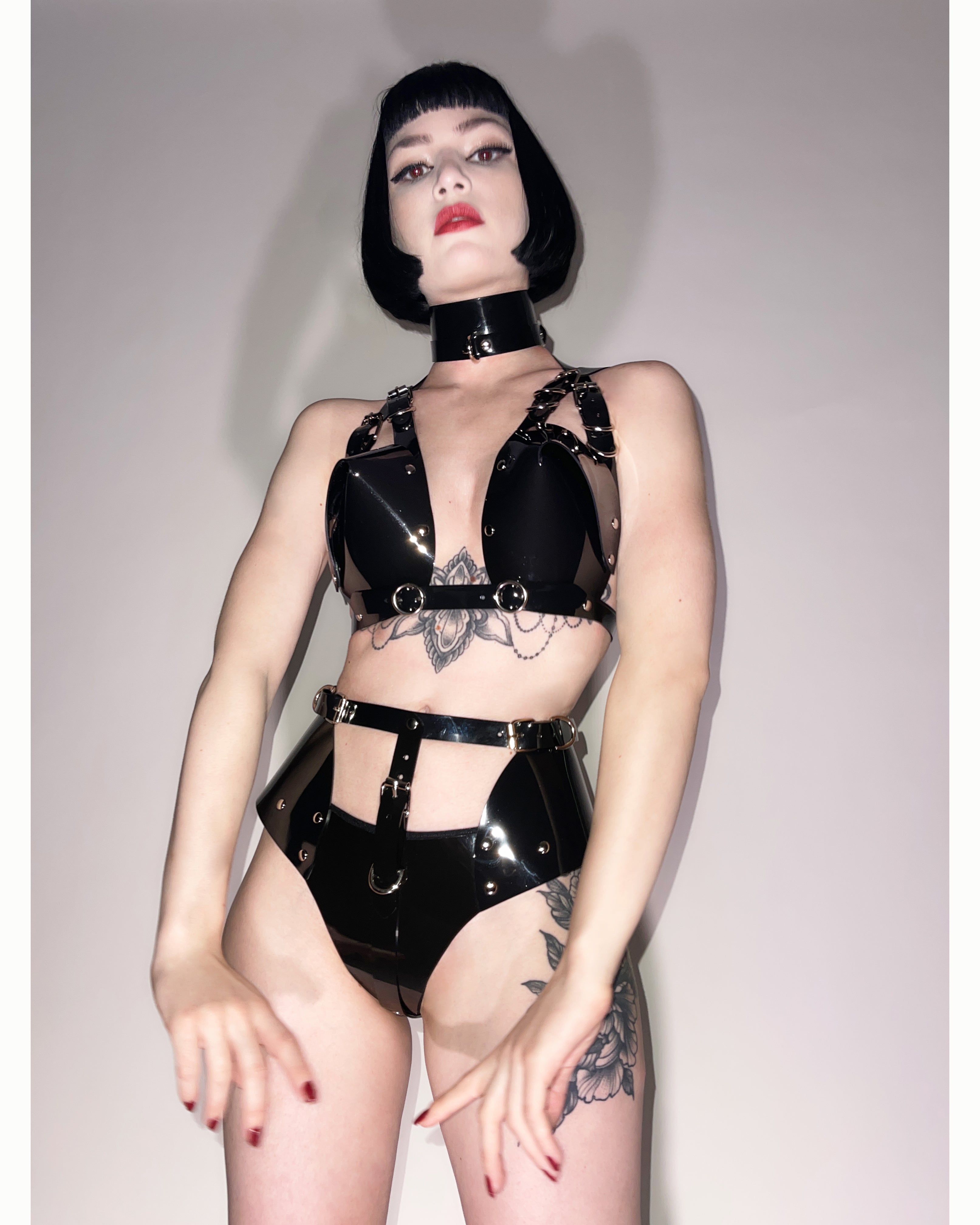 The all New V Robo Hipster Knickers to achieve the full Jivomir Domoustchiev look available in 2 styles. V Back and Thong Back. The design is stunning and complements all our other items we offer. The V cut on the back is designed to slightly show the curvature of the cheeks. whilst the side panels cover the hips. Hand crafted to order in vegan vinyl to help compliment and complete your perfect fantasy look