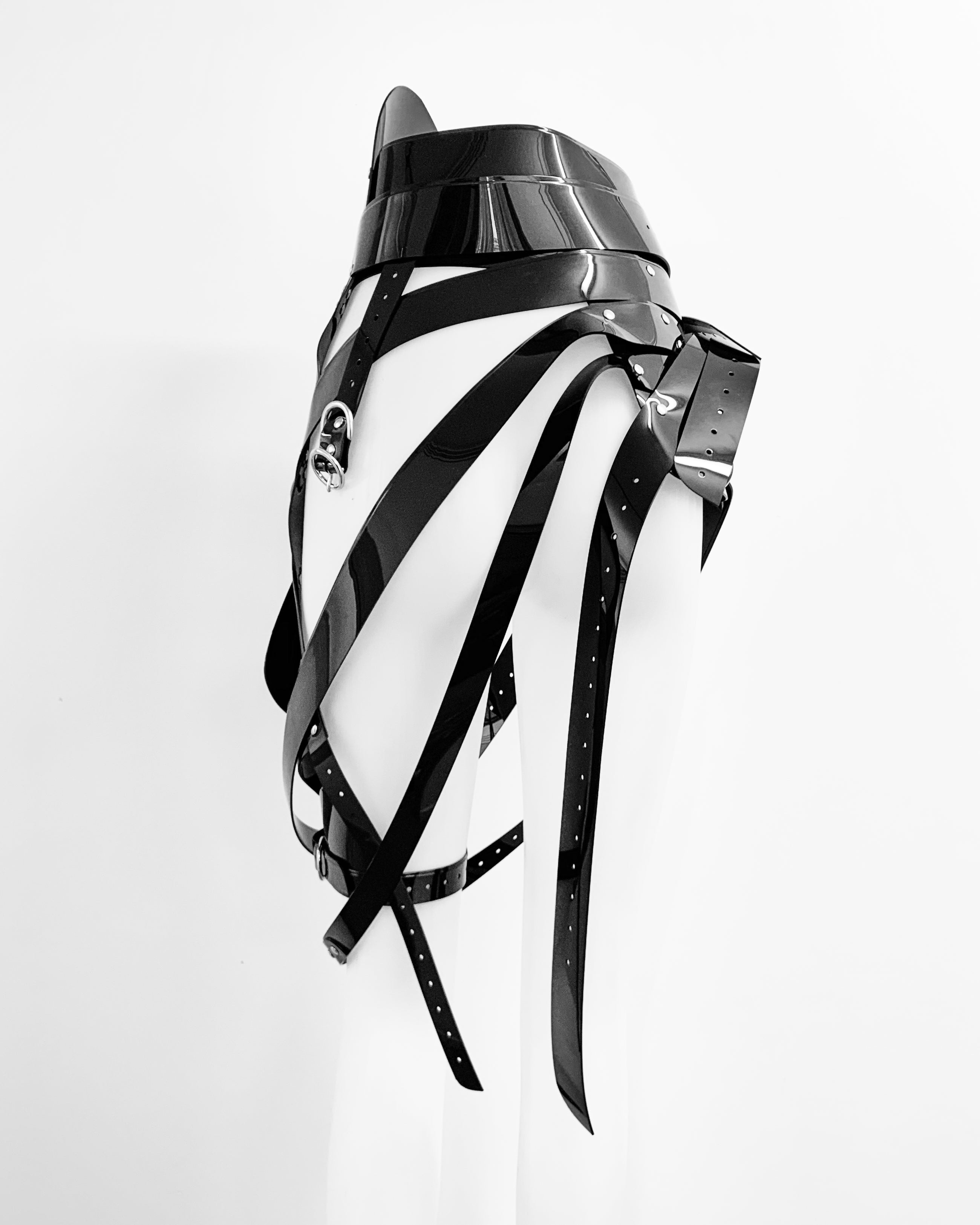 Jivomir Domoustchiev Multi buckle harness belt black and goldJivomir Domoustchiev Multi buckle harness belt transparent red vegan vinyl multi strap belt harness