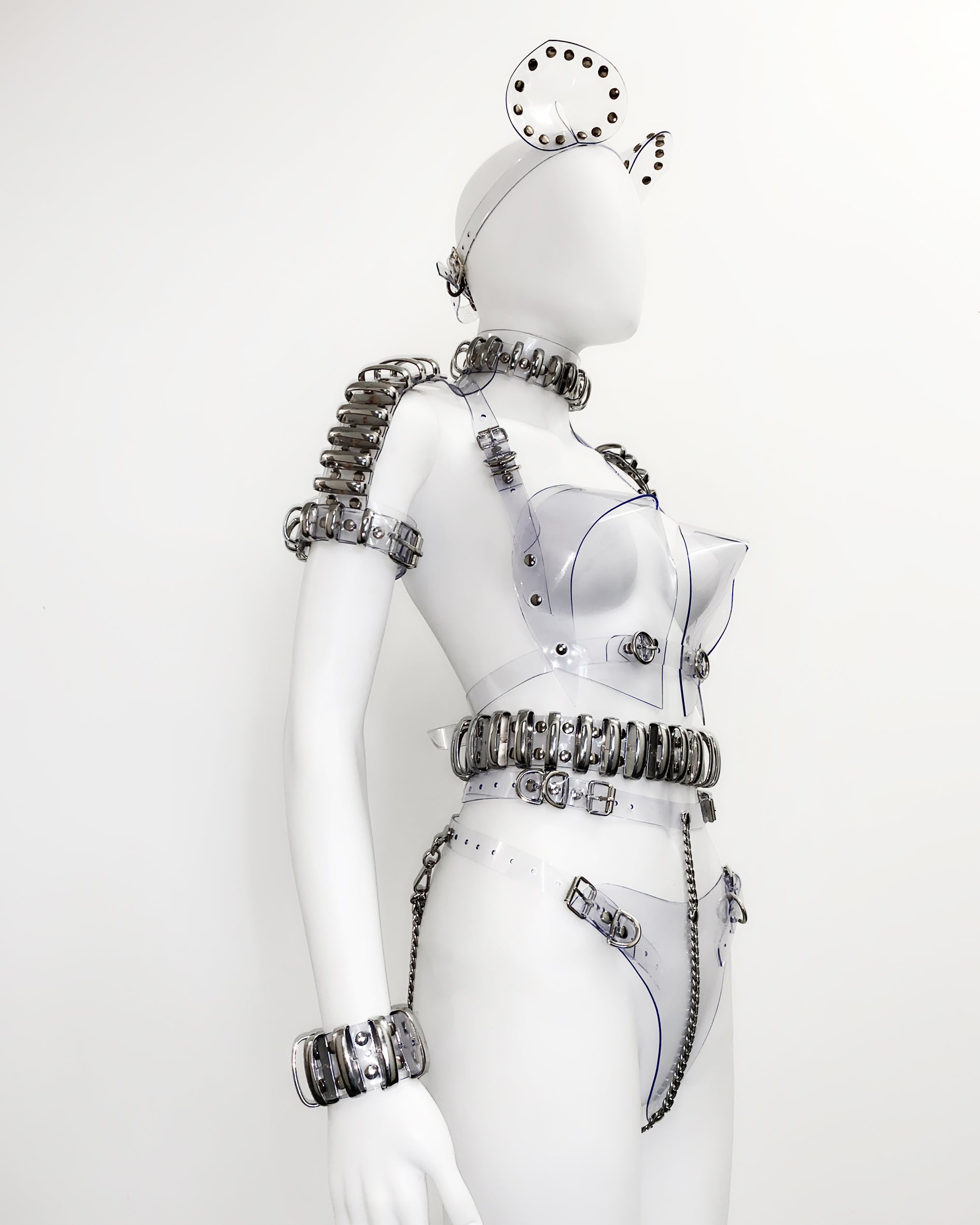 Jivomir Domoustchiev vegan vinyl sculpture fashion accessories hand crafted made in London kink avant garden future  luxury mask bra thong belt gloves chocker transparent clear red black white blue orange