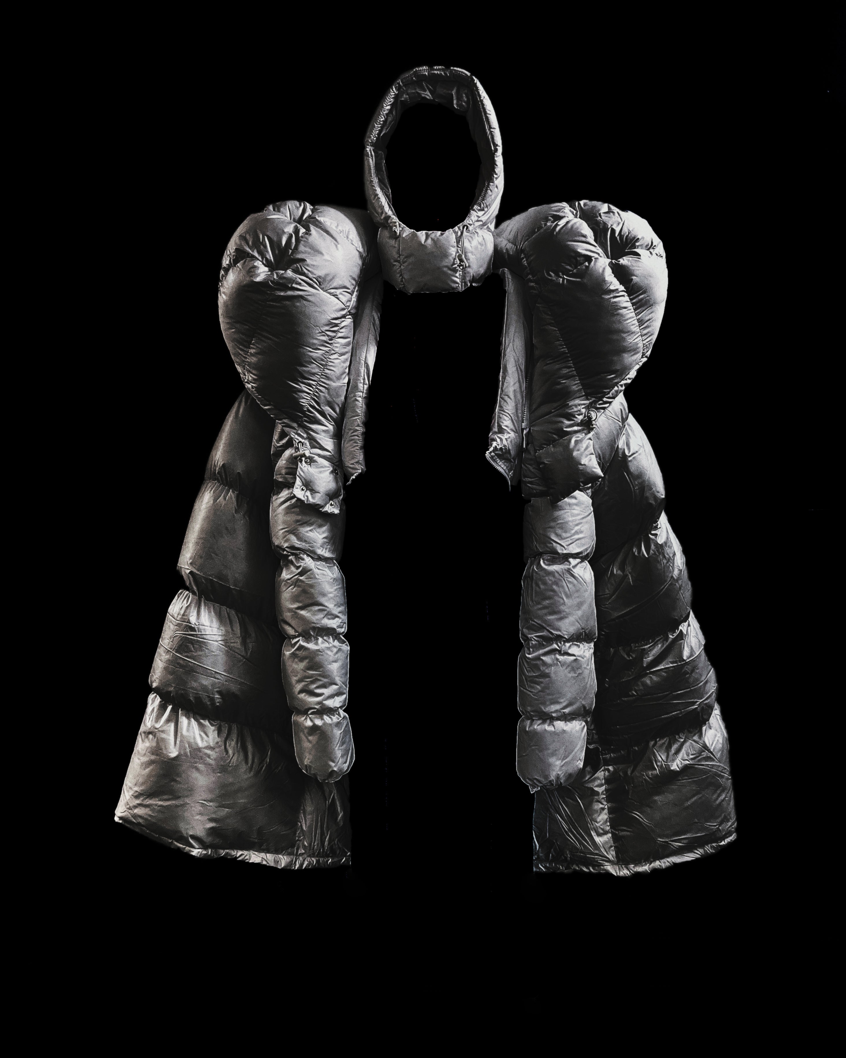 White Shoulder PUF Coat Jivomir Domoustchiev reimagined repurpose sculpture puffer jacket redesign limited edition drop custom made to order