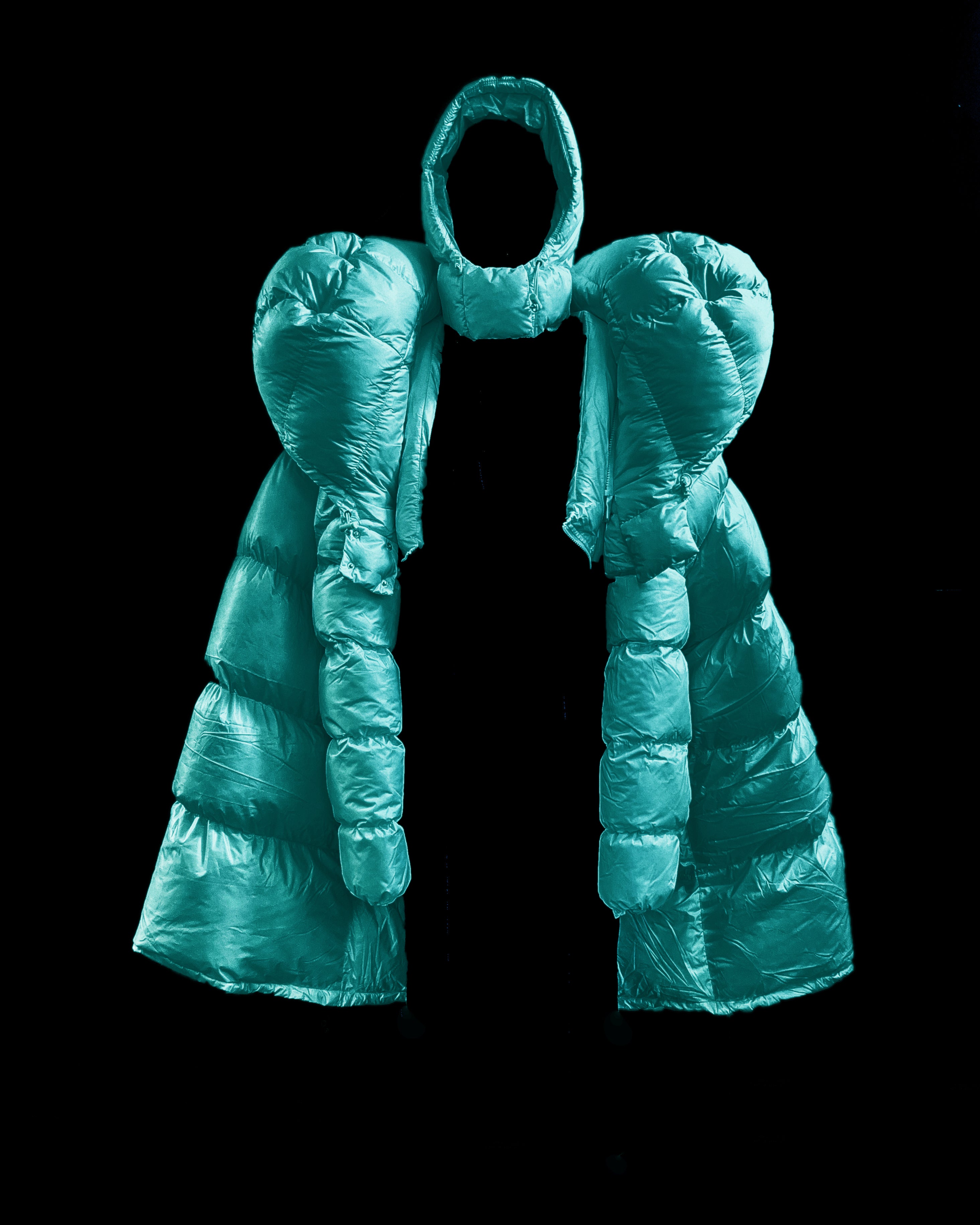 White Shoulder PUF Coat Jivomir Domoustchiev reimagined repurpose sculpture puffer jacket redesign limited edition drop custom made to order