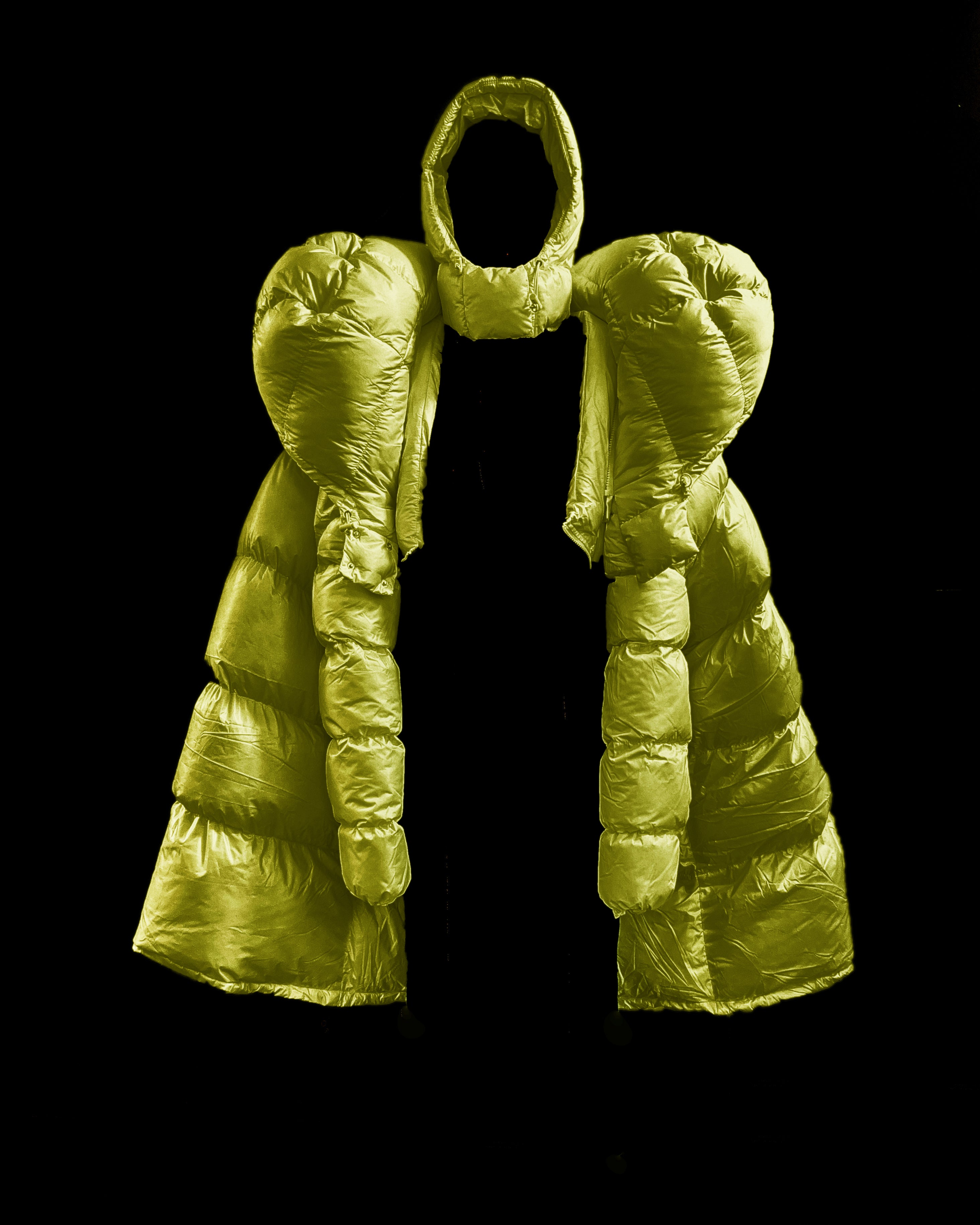 White Shoulder PUF Coat Jivomir Domoustchiev reimagined repurpose sculpture puffer jacket redesign limited edition drop custom made to order