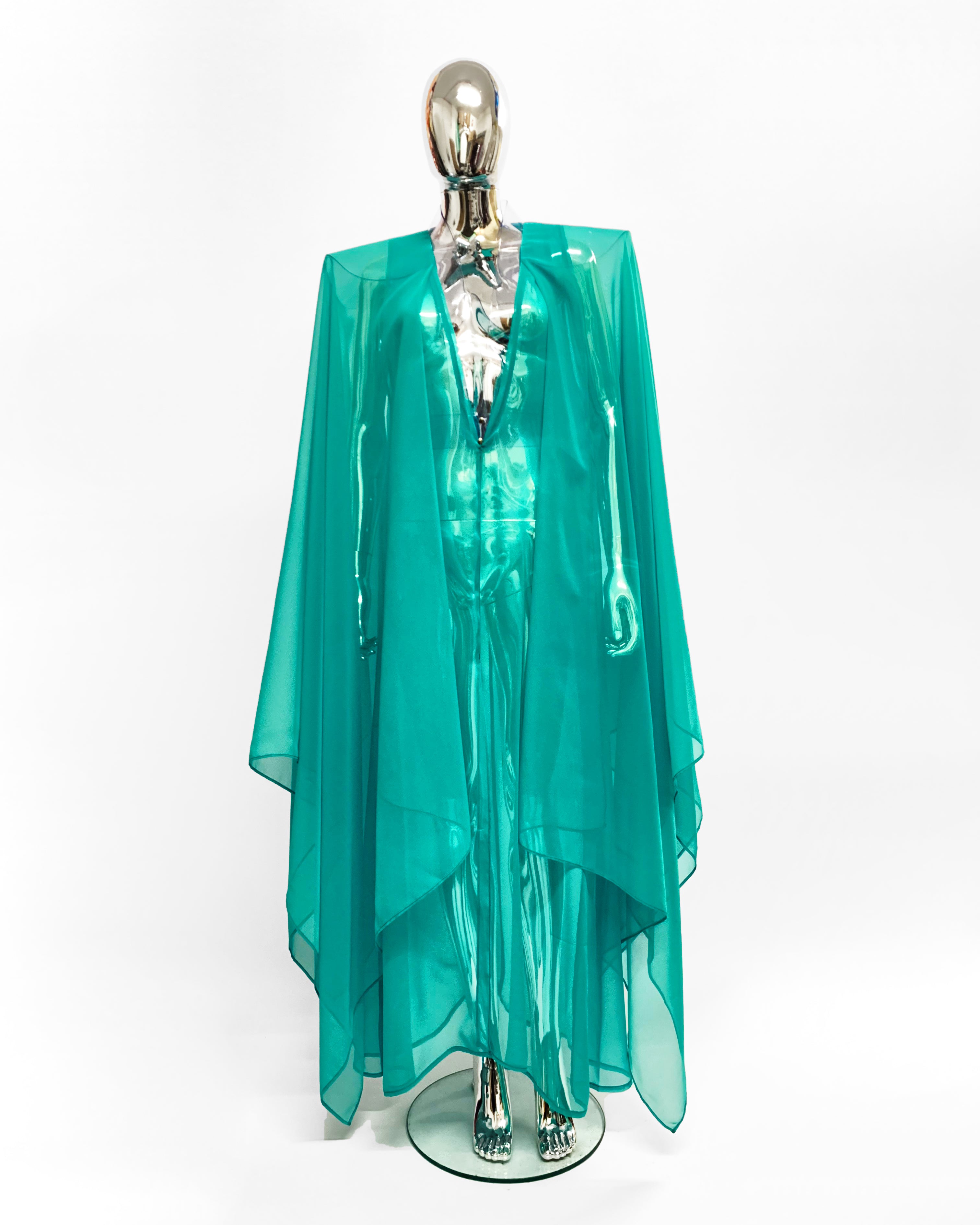 Onna Bugeisha collection Jivomir Domoustchiev Superhero V Dress dress with low V front, split kimono extra long sleeve detail and cape reversible