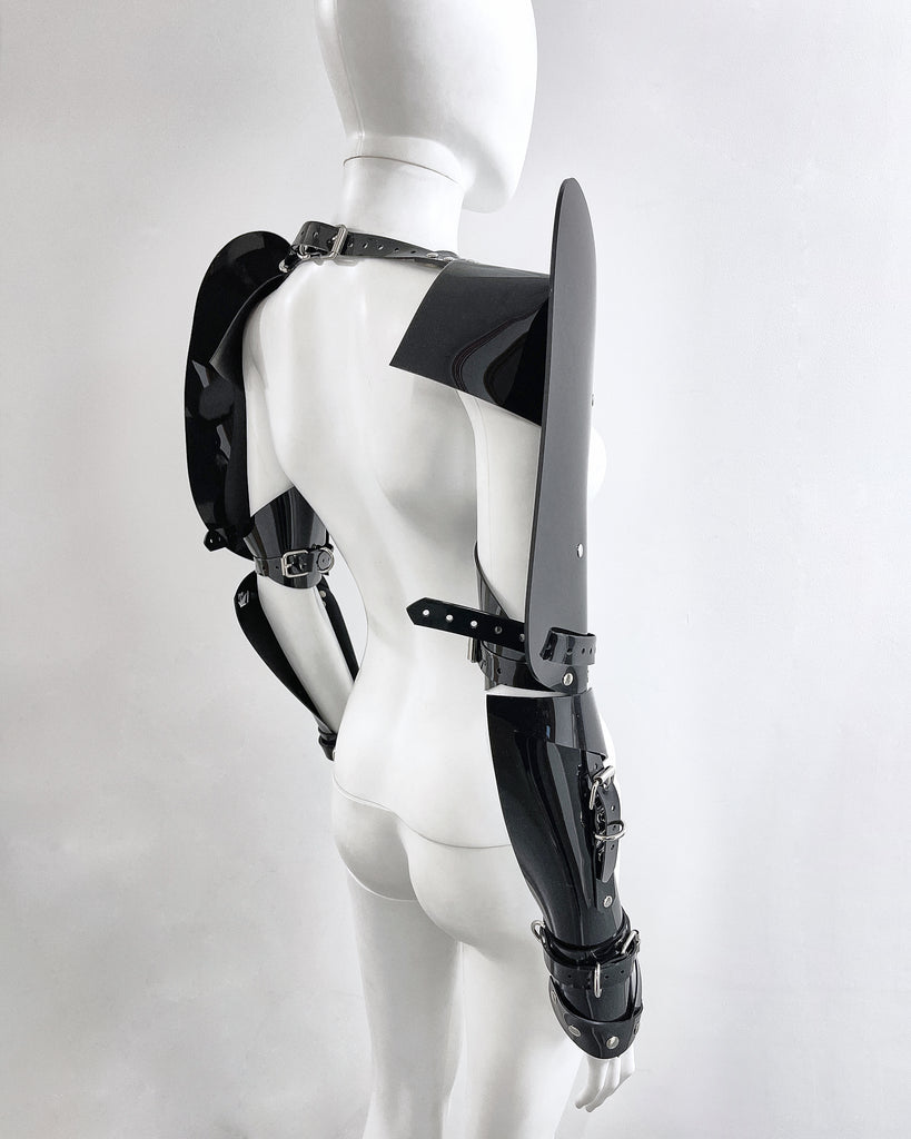 Jivomir Domoustchiev vegan vinyl pvc fashion hand crafted to order only in East London Atelier independent luxury brand Robo arm harness