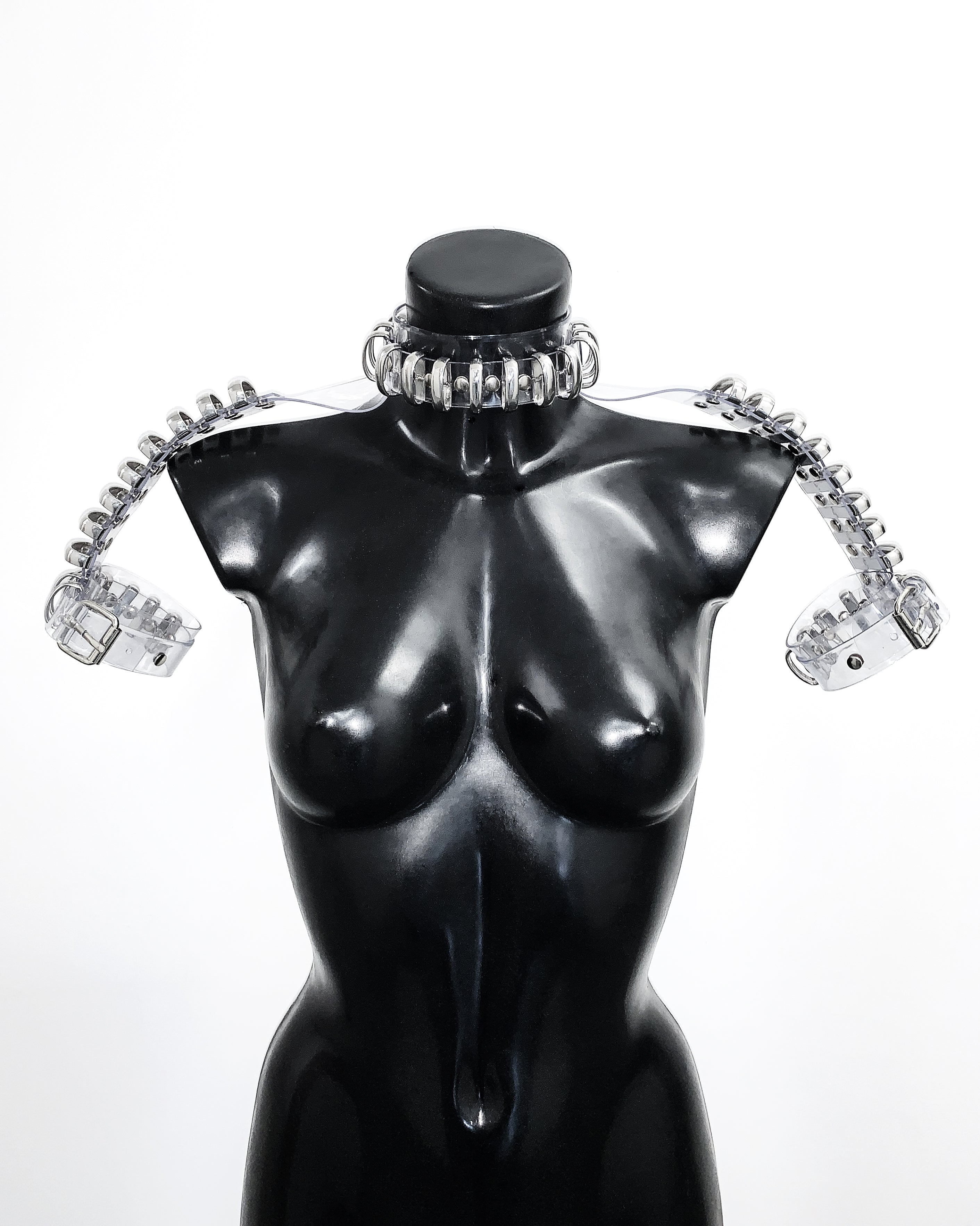 Jivomir Domoustchiev Multi Ring Shoulder Harness, Collar, Cuffs vegan vinyl hand crafted made in London