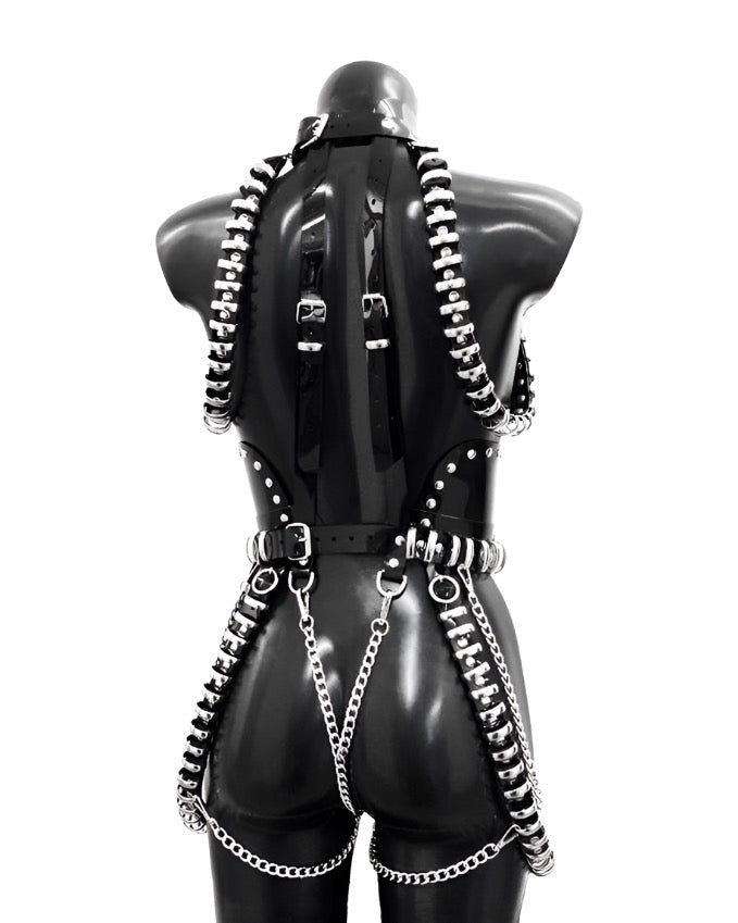 Lady Gaga Rain On Me Chromatica Multi Ring Chain Harness Dress by Jivomir Domoustchiev vegan celebrity fashion music video hand crafted luxury designer independent stage showgirl dream love