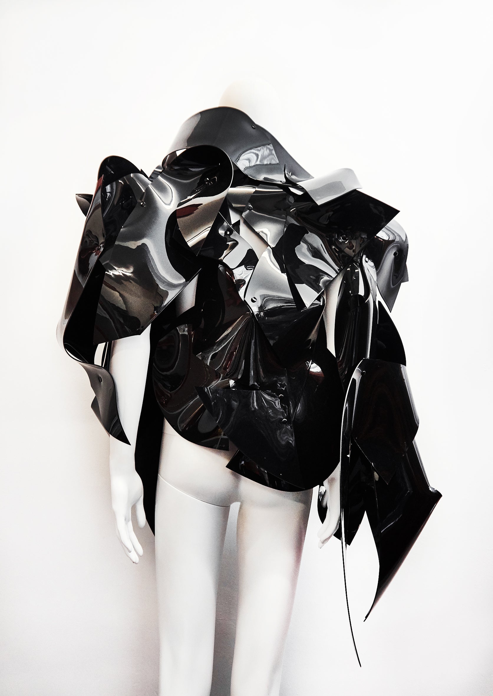 JIVOMIR DOMOUSTCHIEV ASYMMETRIC ART SCULPTURE JACKET VEGAN VINYL EXXPRESSION