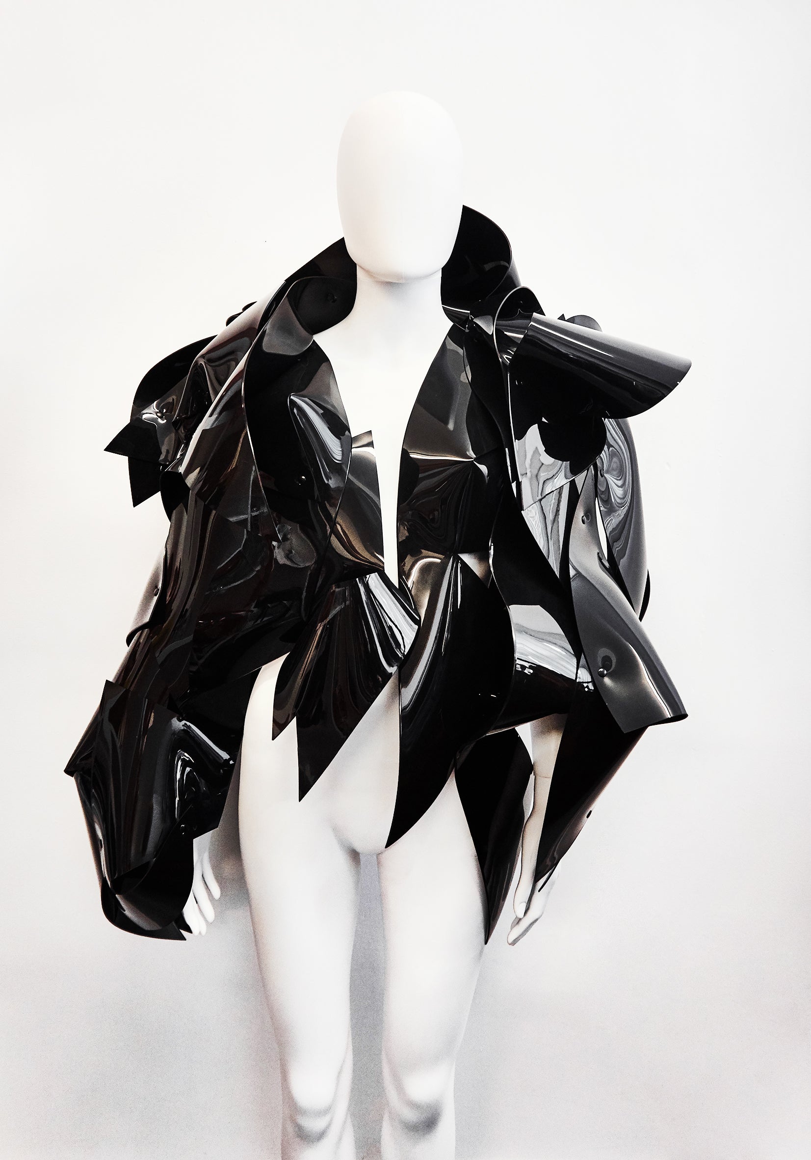 JIVOMIR DOMOUSTCHIEV ASYMMETRIC ART SCULPTURE JACKET VEGAN VINYL EXXPRESSION