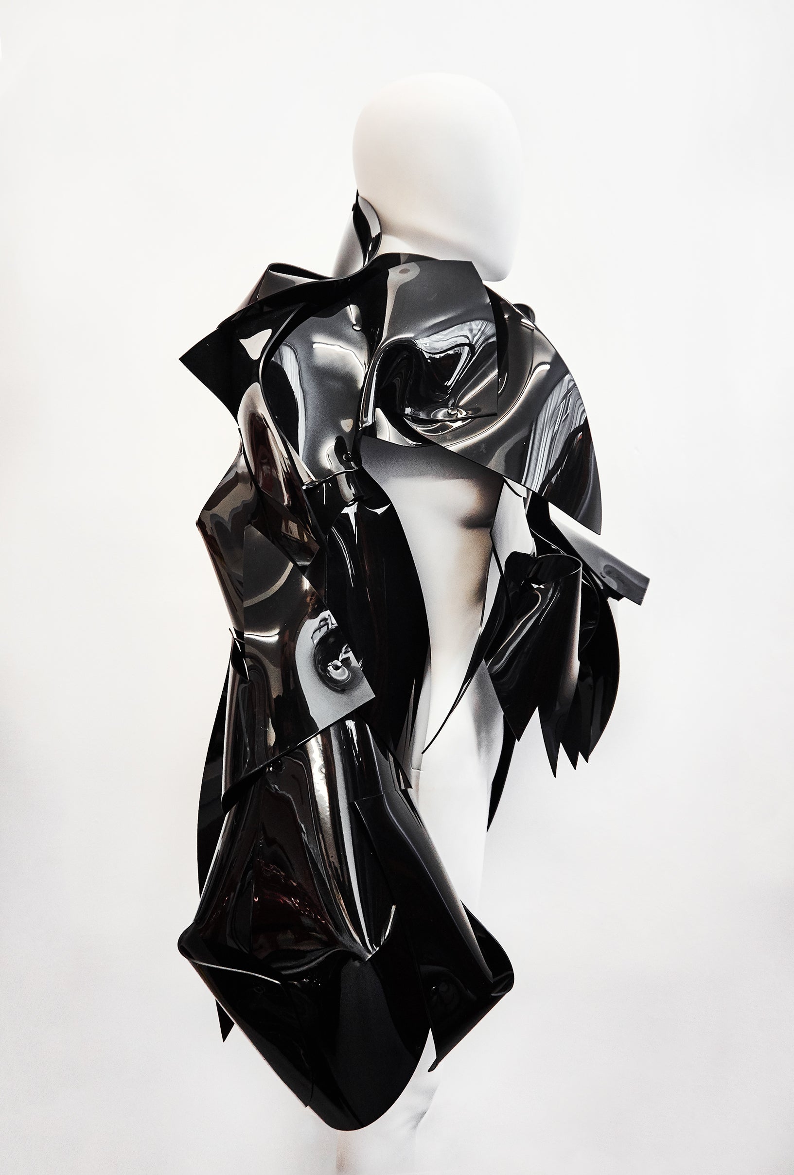 JIVOMIR DOMOUSTCHIEV ASYMMETRIC ART SCULPTURE JACKET VEGAN VINYL EXXPRESSION