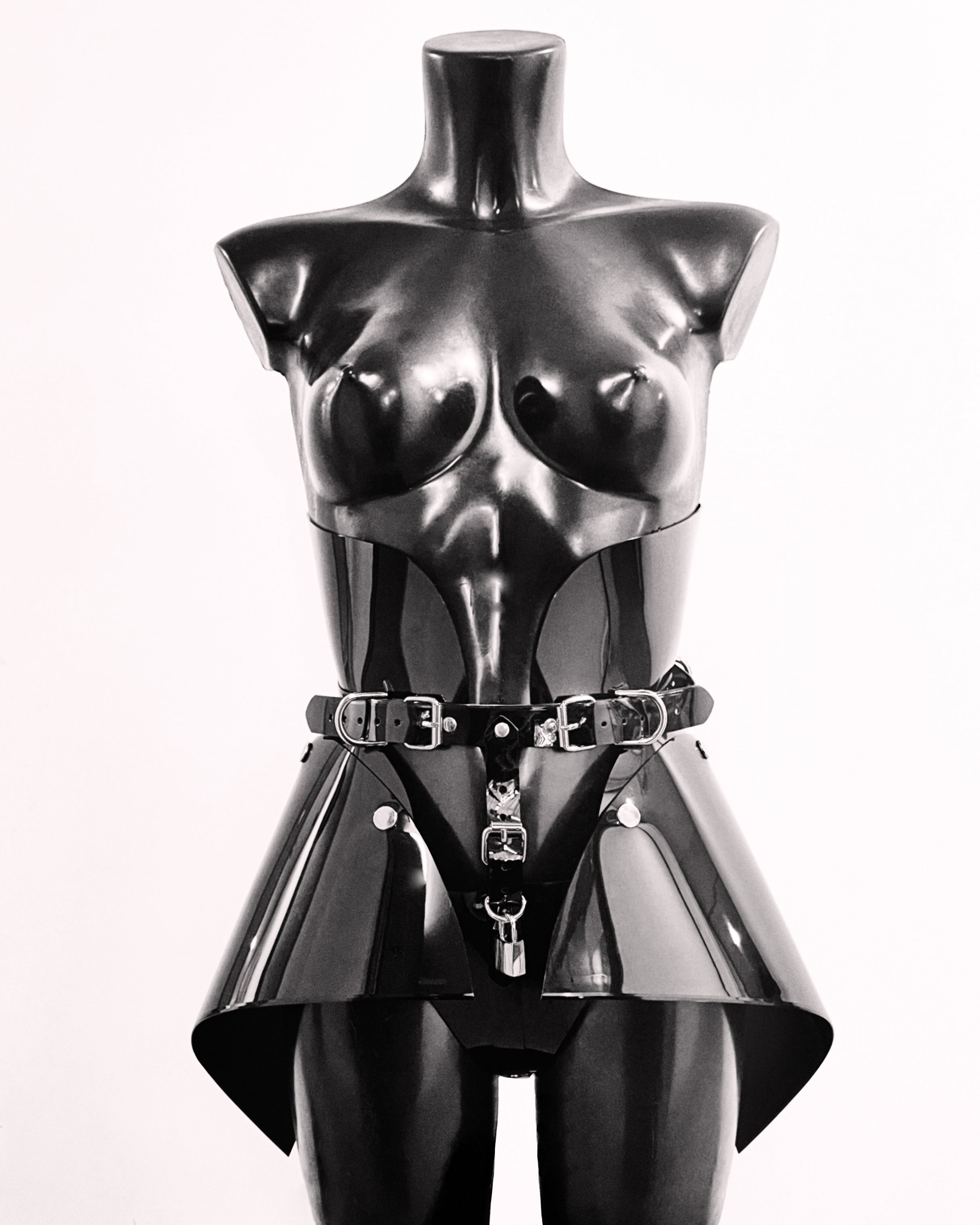 Jivomir Domoustchiev vegan vinyl pvc fashion wearable sculpture handbag purse hand crafted to order only in East London Atelier independent luxury brand robo hipster skirt