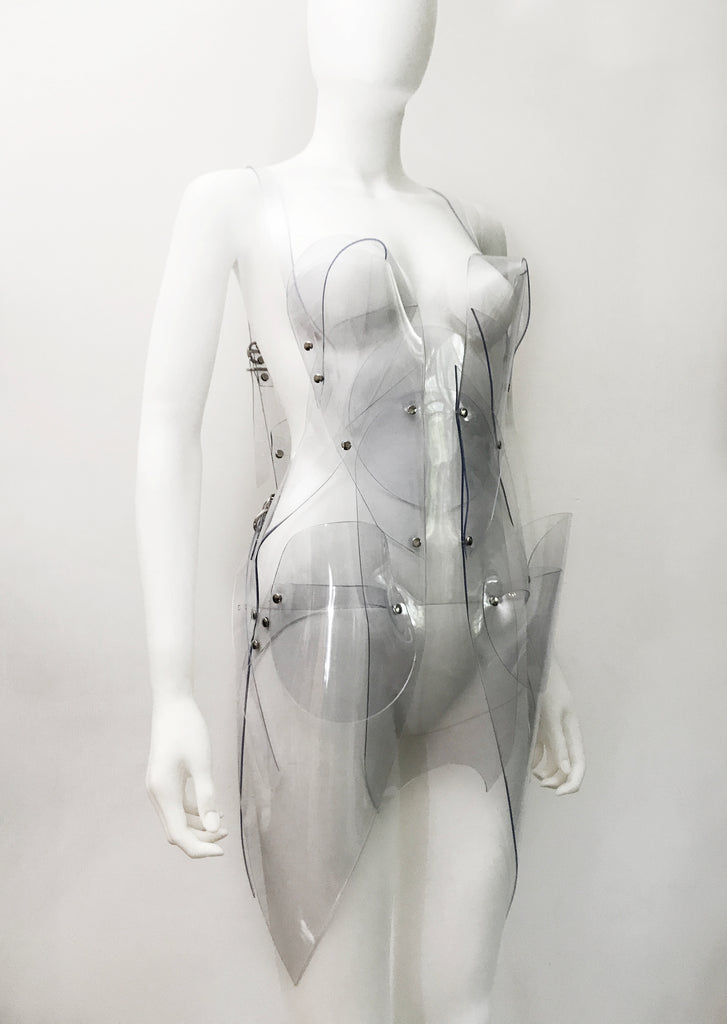 Jivomir Domoustchiev vegan vinyl pvc fashion wearable sculpture hand crafted to order only in East London Atelier independent luxury brand dress sculpture art couture