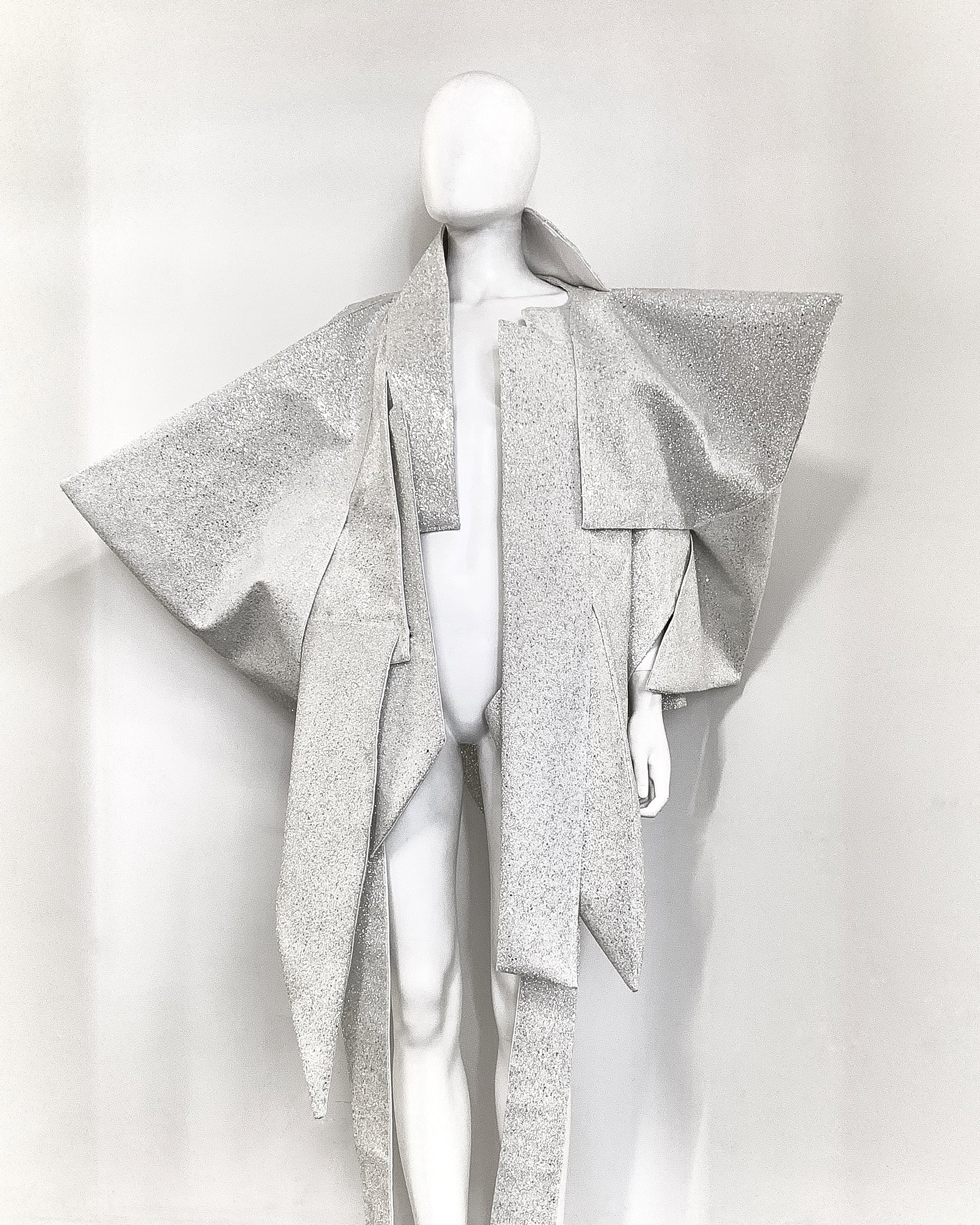 Jivomir Domoustchiev vegan vinyl pvc fashion wearable sculpture hand crafted to order only in East London Atelier independent luxury glitter sculpture coat designer art fashion