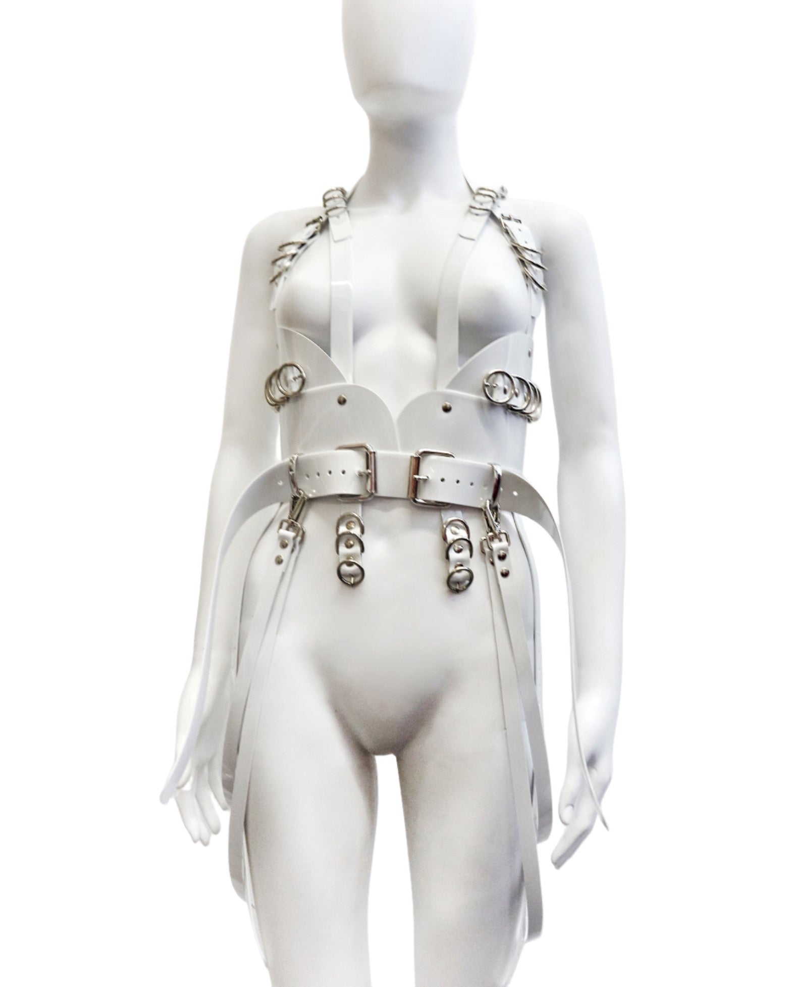 Jivomir Domoustchiev x Xtina Christina Aguilera multi buckle harness in vegan vinyl crafted to order luxury future fashion harness kink fetish love latex cosplay superhero belt