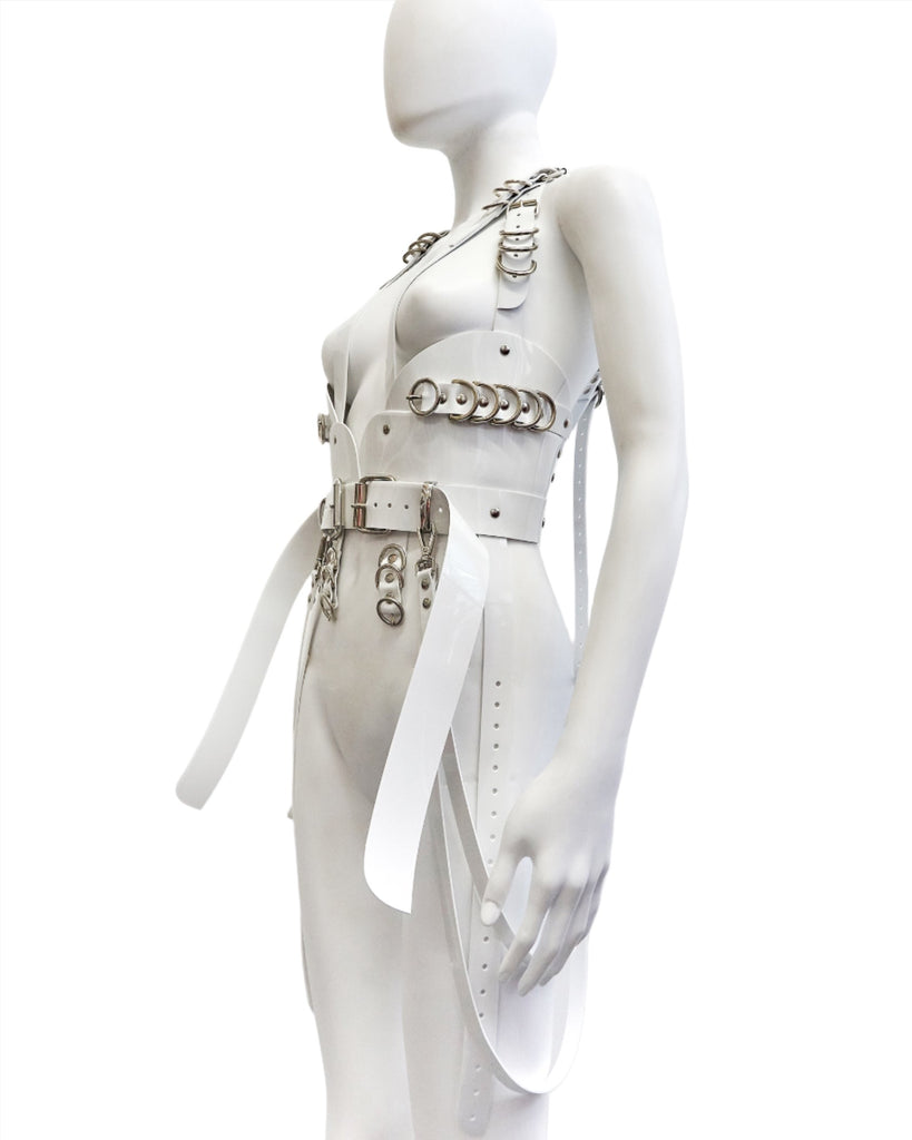 Jivomir Domoustchiev x Xtina Christina Aguilera multi buckle harness in vegan vinyl crafted to order luxury future fashion harness kink fetish love latex cosplay superhero belt