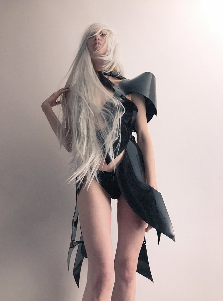ATELIER JIVOMIR WHITE VINYL PVC Half sculpture dress luxury vegan future fashion