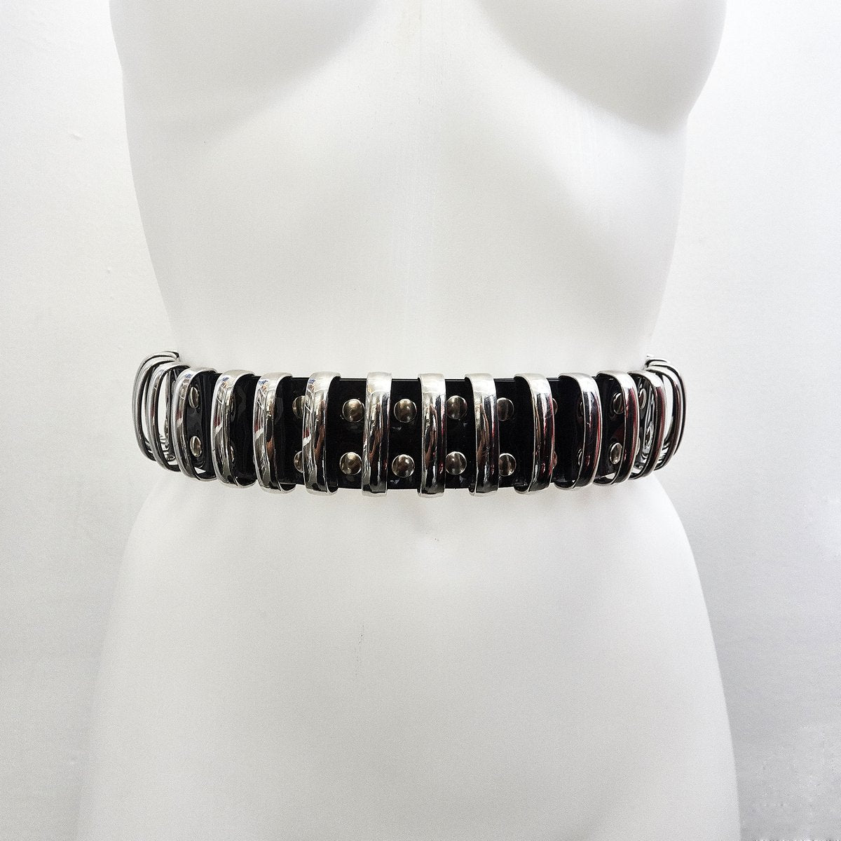 Jivomir Domoustchiev Multi Ring Shoulder Harness, Collar, Cuffs belt vegan vinyl hand crafted made in London