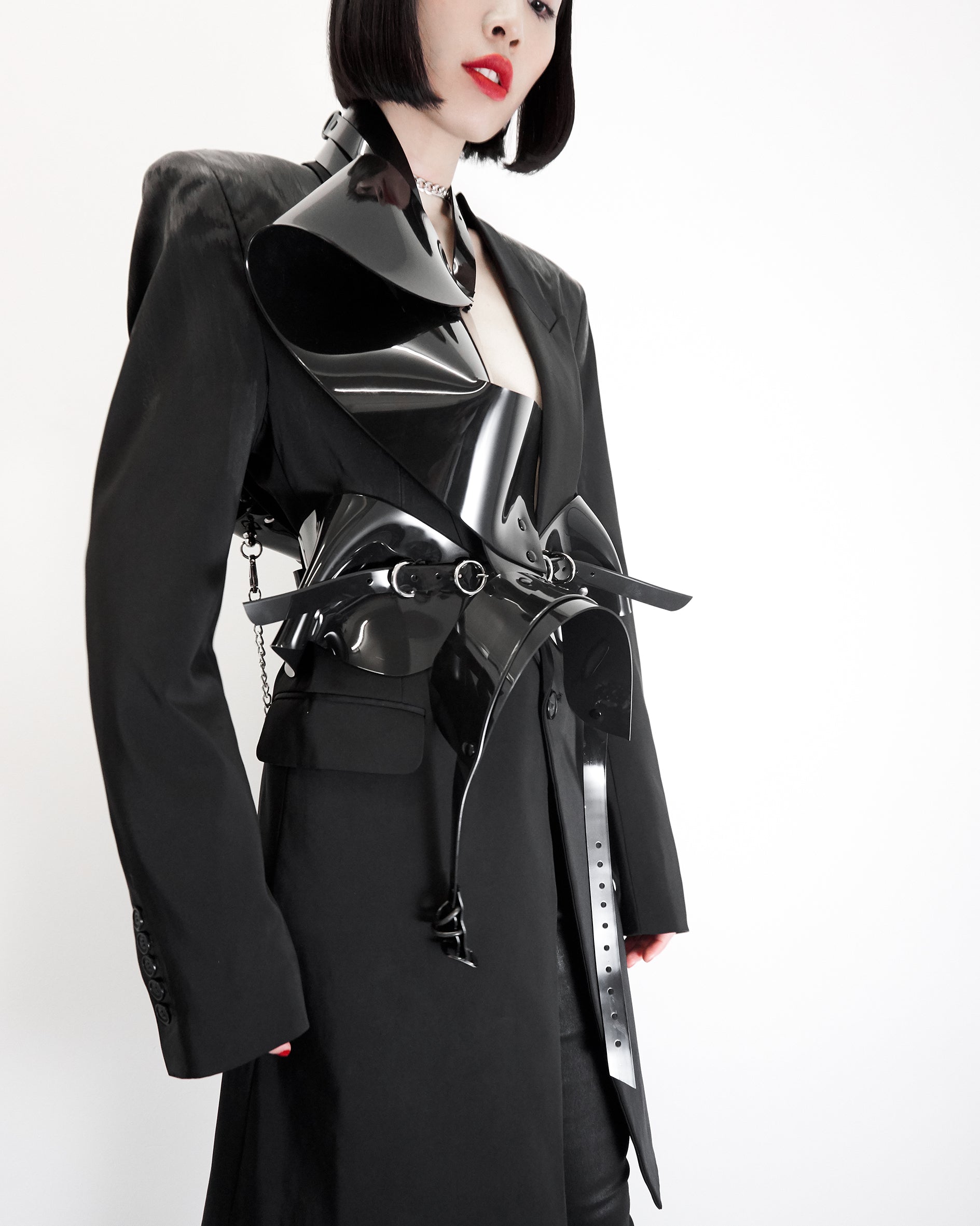 Jivomir Domoustchiev vinyl sculpture half harness belt blackJivomir Domoustchiev vegan vinyl transparent hand body harness kink fetish cosplay future robot