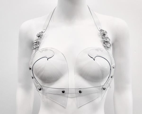 Jivomir Domoustchiev vegan vinyl sculpture fashion accessories hand crafted made in London kink avant garden future  luxury mask bra thong belt gloves chocker transparent clear red black white blue orange