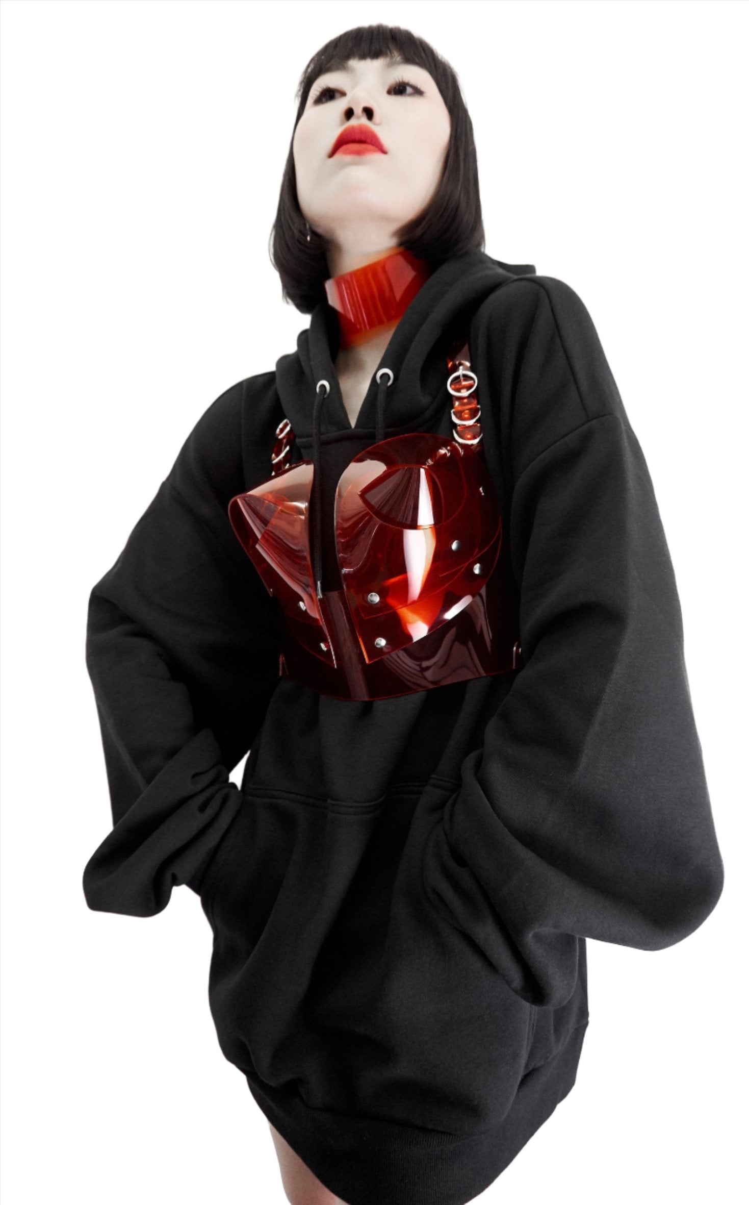 Jivomir Domoustchiev sculpted vinyl bra-let Finished in chrome studding and buckles adjustable for comfort fit This must have accessory can also be worn over clothing to achieve the perfect look. Available in a variety of colours luxury fashion  accessories design lovingly handcrafted in our East London.