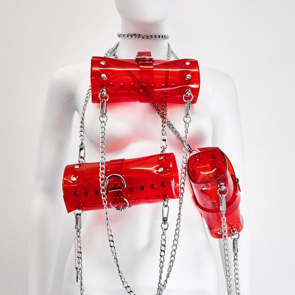 Jivomir Domoustchiev vegan vinyl pvc fashion wearable sculpture hand crafted to order only in East London Atelier independent luxury bag purse transparent clear
