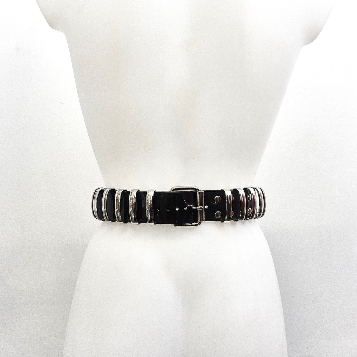 Jivomir Domoustchiev Multi Ring Shoulder Harness, Collar, Cuffs belt vegan vinyl hand crafted made in London