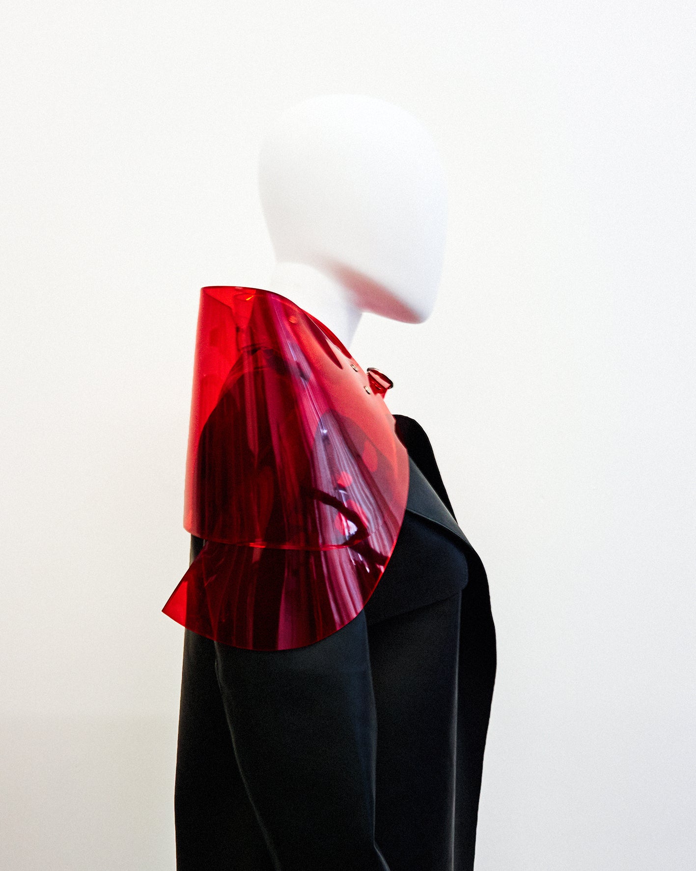 Jivomir Domoustchiev sculpture vegan vinyl shoulder pads jacket transparent red Jivomir Domoustchiev vegan vinyl pvc fashion wearable sculpture hand crafted to order only in East London Atelier independent luxury brand jacket shoulder pads sculpture