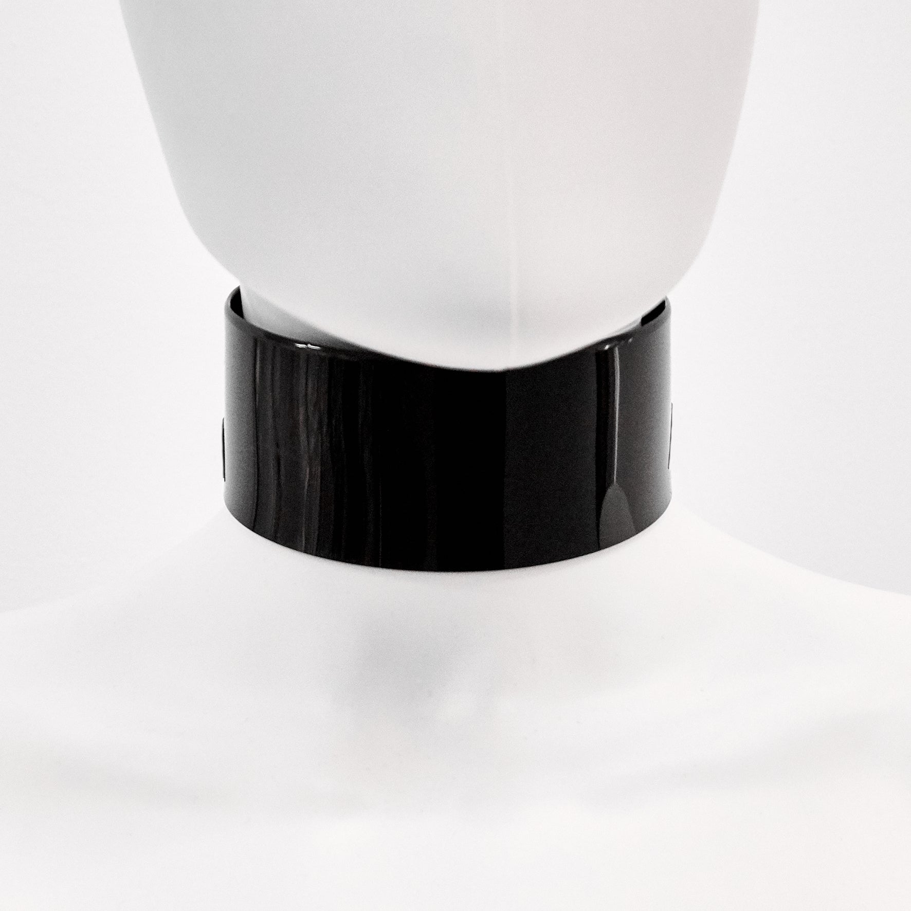 Jivomir Domoustchiev iconic vinyl chocker as seen in the Year and Years Sanctify video. available in a variety of colours. Simple yet striking adjustable for comfort. Finished with silver look studding & buckle. Complements any outfit.