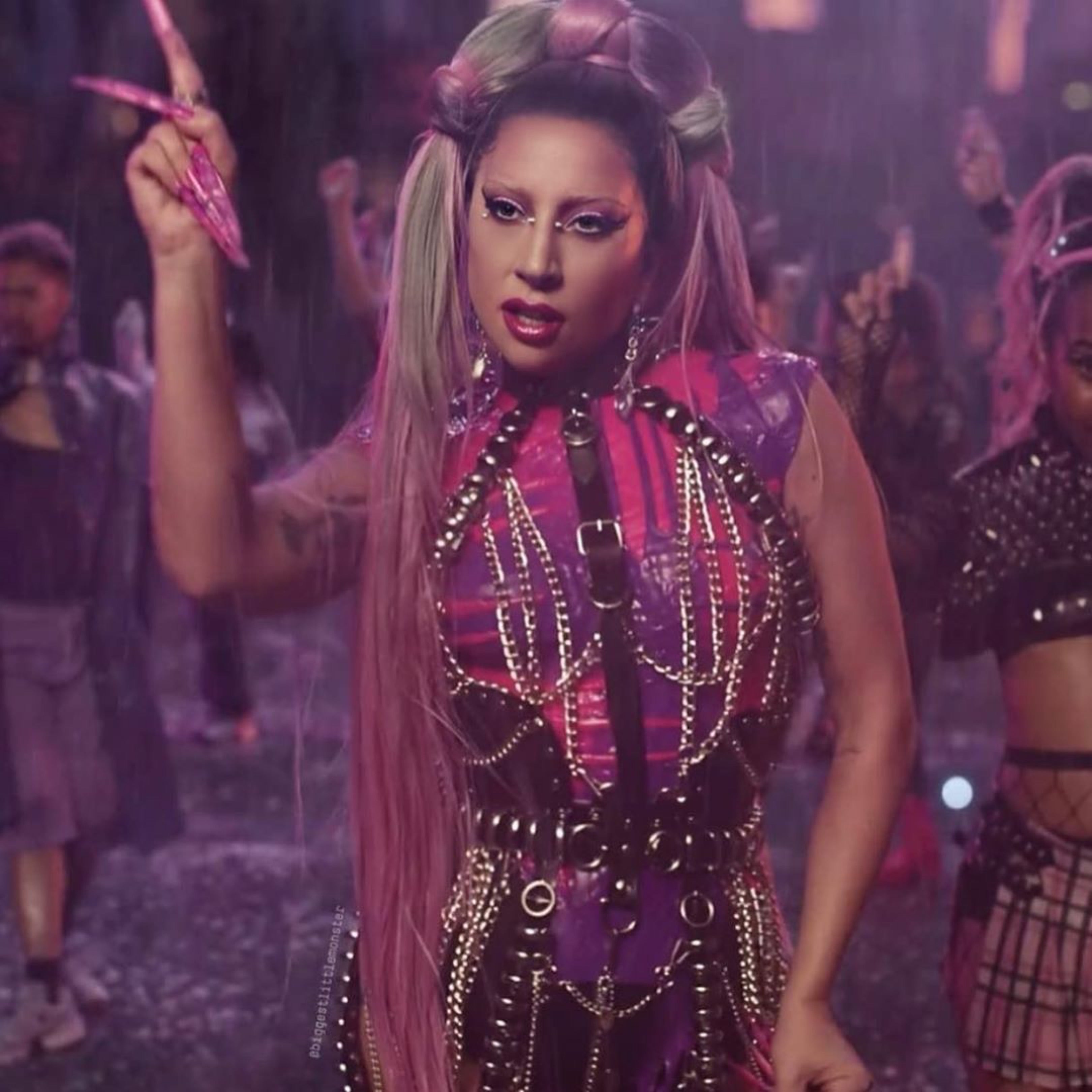 Lady Gaga Rain On Me Chromatica Multi Ring Chain Harness Dress by Jivomir Domoustchiev vegan celebrity fashion music video hand crafted luxury designer independent stage showgirl dream love