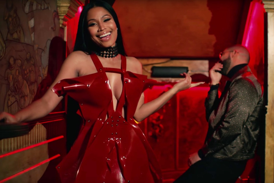 Nicki minaj No Frauds Video Red sculpture dress By Jivomir Domoustchiev featuring Drake custom designer celebrity cosplay kink vinyl vegan dress Queen Nicki robot future lux money love luxury designer