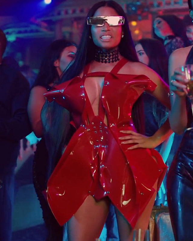 Nicki minaj No Frauds Video Red sculpture dress By Jivomir Domoustchiev featuring Drake custom designer celebrity cosplay kink vinyl vegan dress Queen Nicki robot future lux money love luxury designer