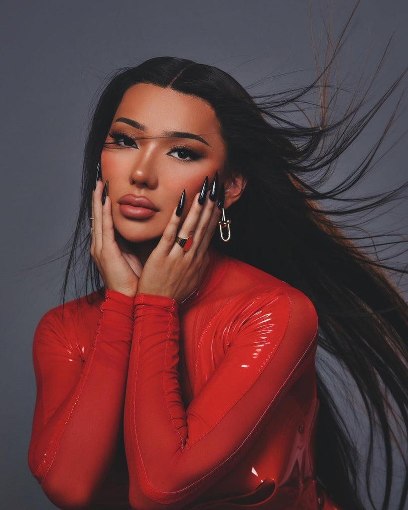 Nikita Dragun Interview Mag x Jivomir Domoustchiev Red mini dress Jivomir Domoustchiev vegan vinyl pvc fashion wearable sculpture hand crafted to order only in East London Atelier independent luxury brand dress sculpture art couture