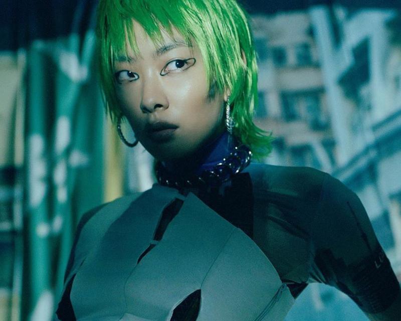 Rina Sawayama wearing ATÉLIER JIVOMIR multi ring vegan vinyl choker collar