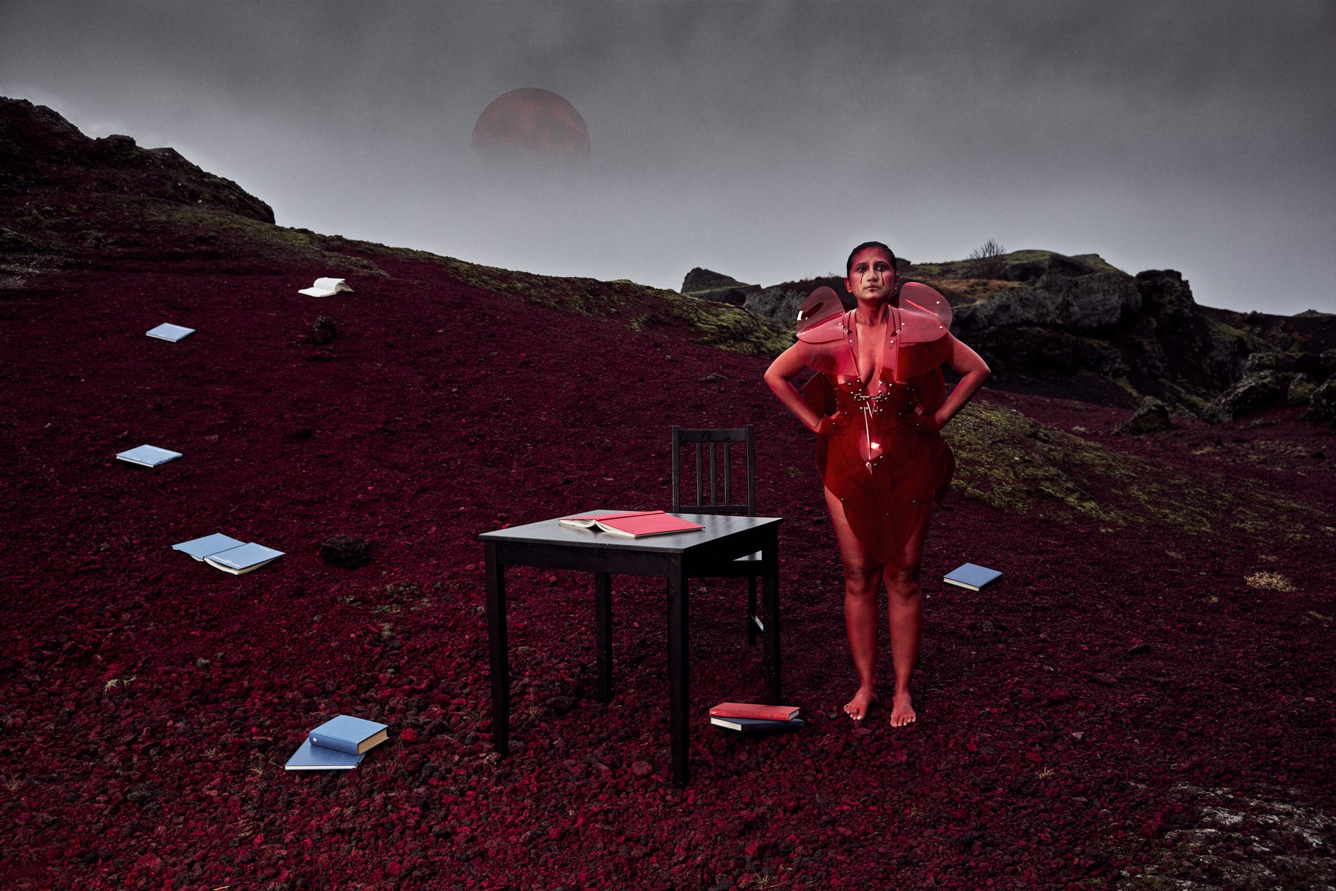SISTERS-OF-THE-MOONN x Poulomi Basu x ATELIER JIVOMIR GALAXY DRESS IN TRANSPARENT RED VINYL