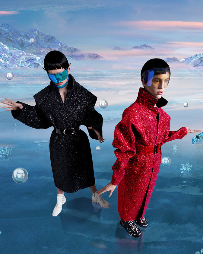 Jivomir Domoustchiev Glitter Coat red and black as featured in Loffiel AU