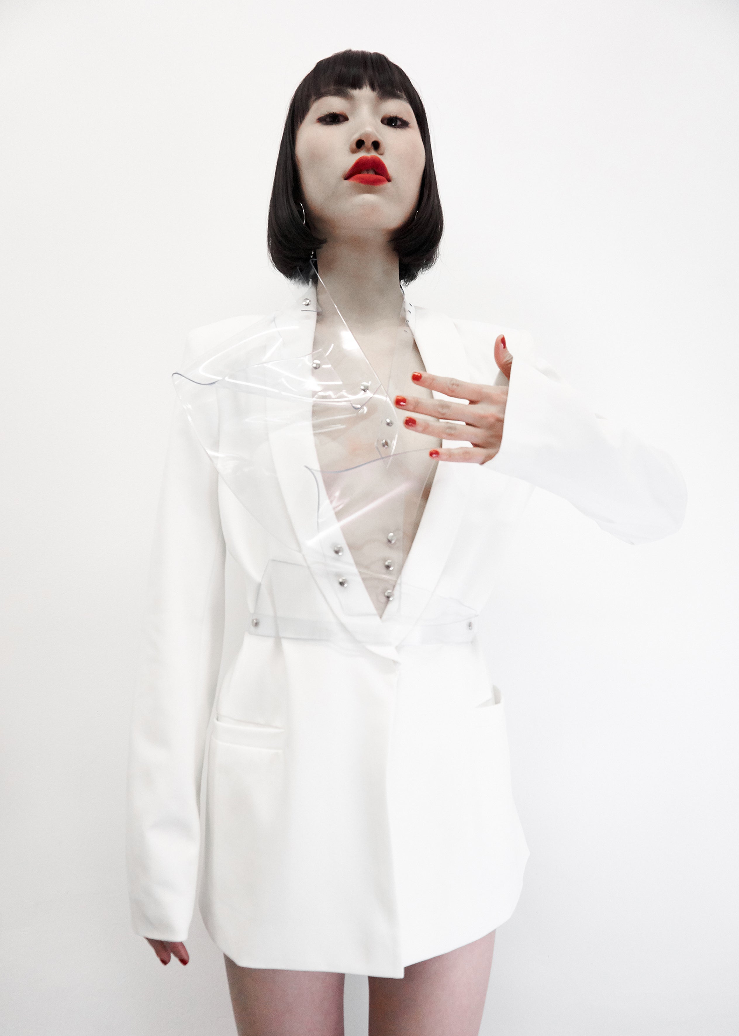 Jivomir Domoustchiev vegan vinyl transparent hand body harness kink fetish cosplay future robot