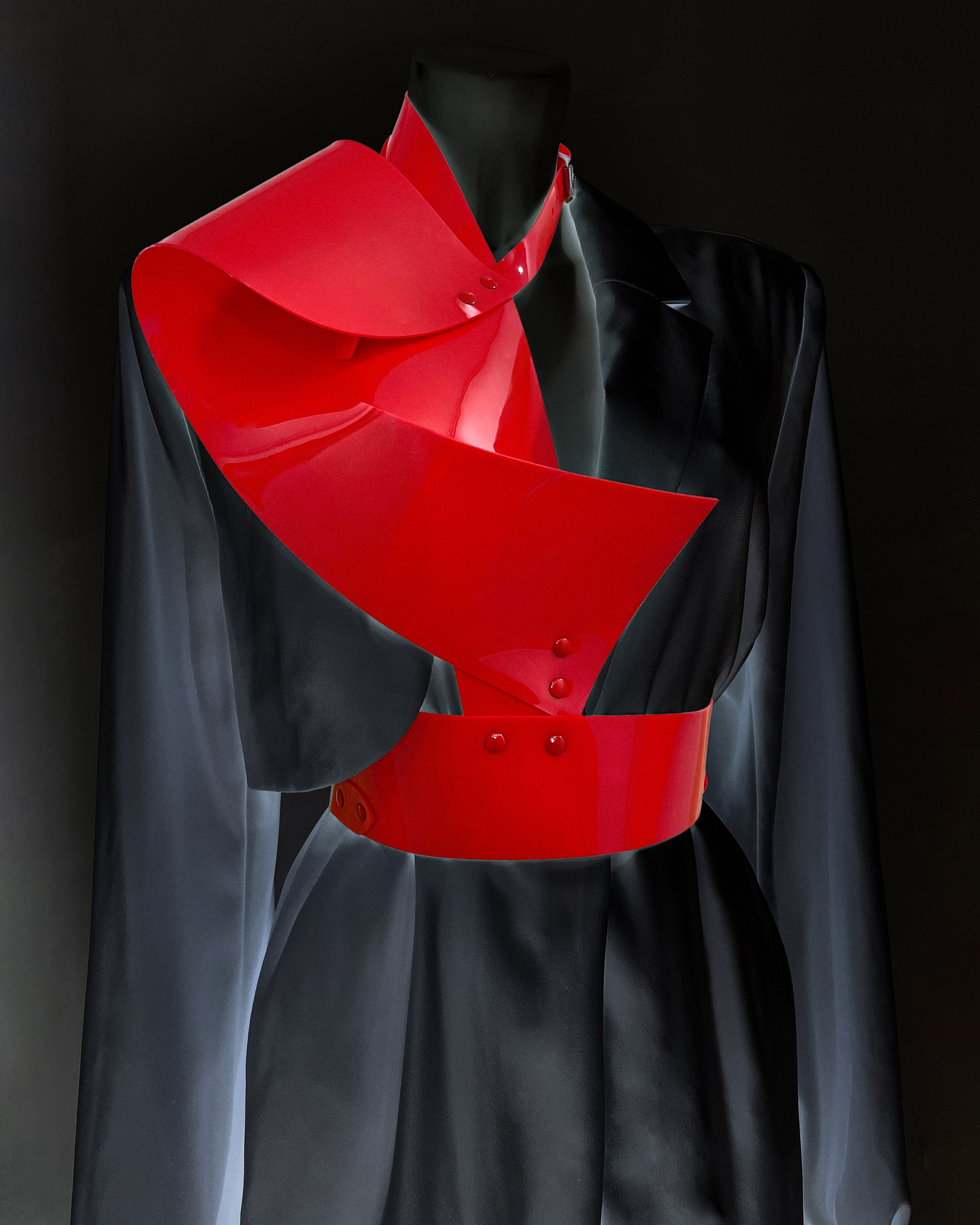 Jivomir Domoustchiev vinyl sculpture half harness belt blackJivomir Domoustchiev vegan vinyl transparent hand body harness kink fetish cosplay future robot