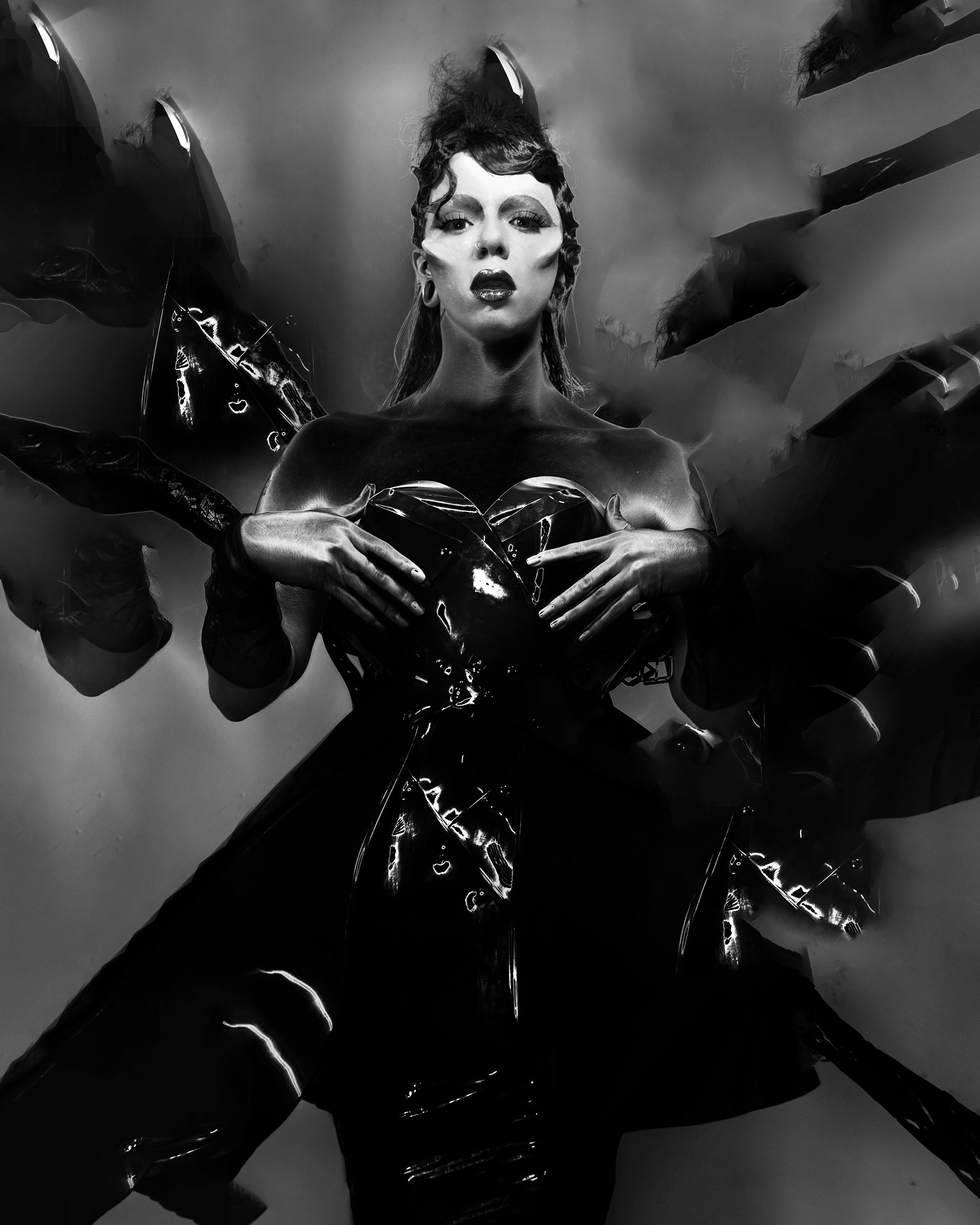 Aja wearing Jivomir Domoustchiev black sculpture dress