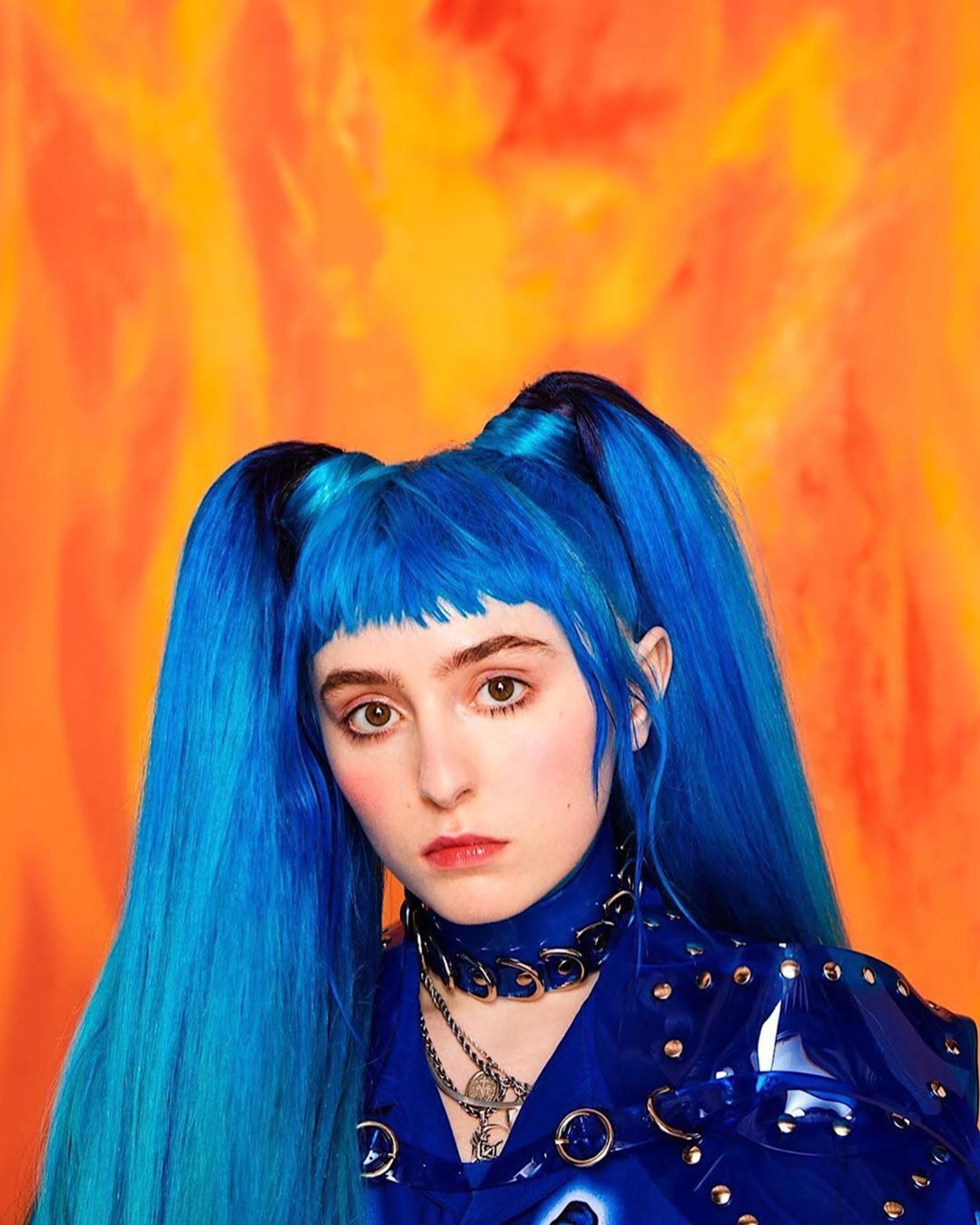 Ashnikko recording artist wearing ATÉLIER JIVOMIR Transparent  Blue vegan vinyl fashion Accessories