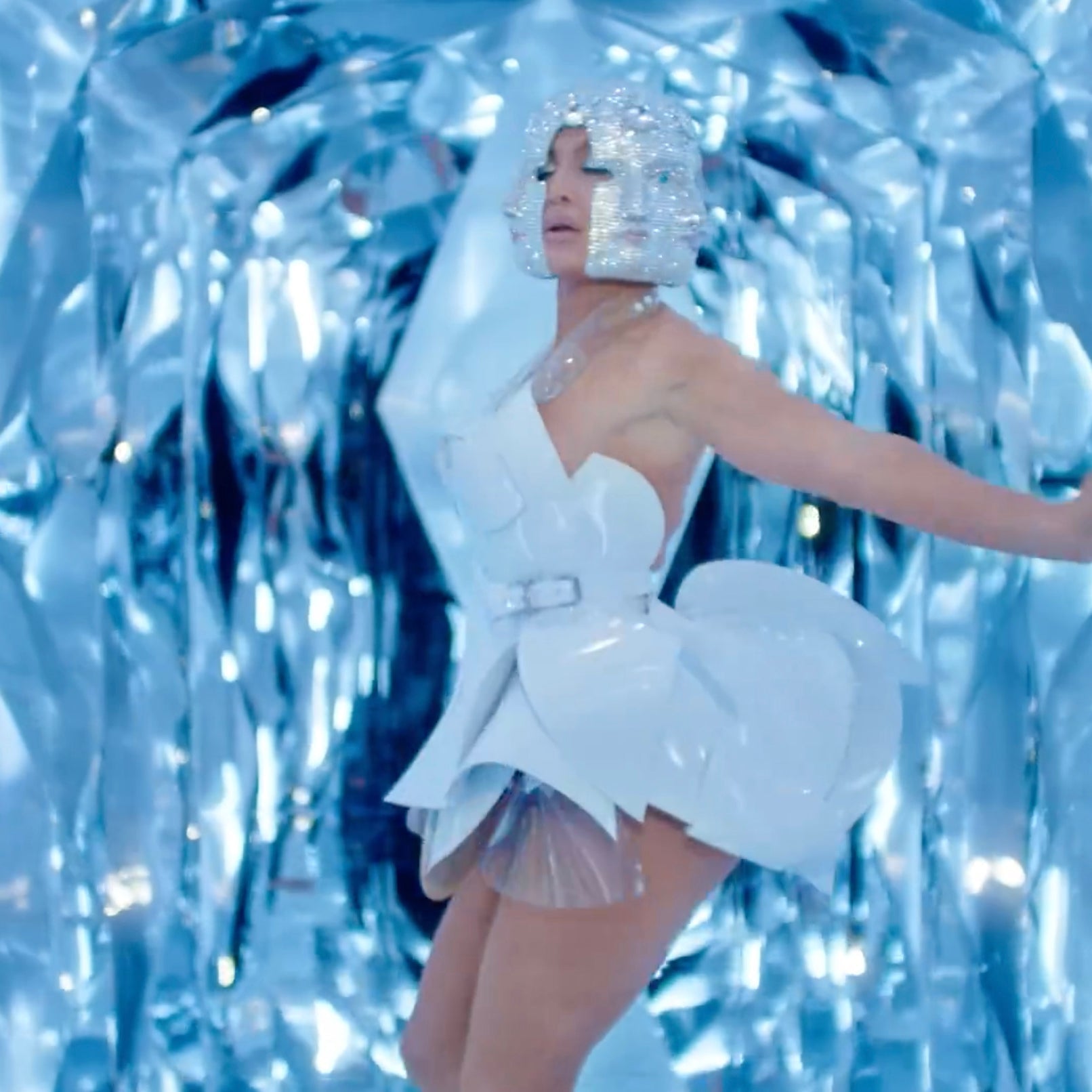 JLo Jeniifer Lopez Medicine wearing Jivomir Domoustchiev white vegan vinyl sculpture Dress