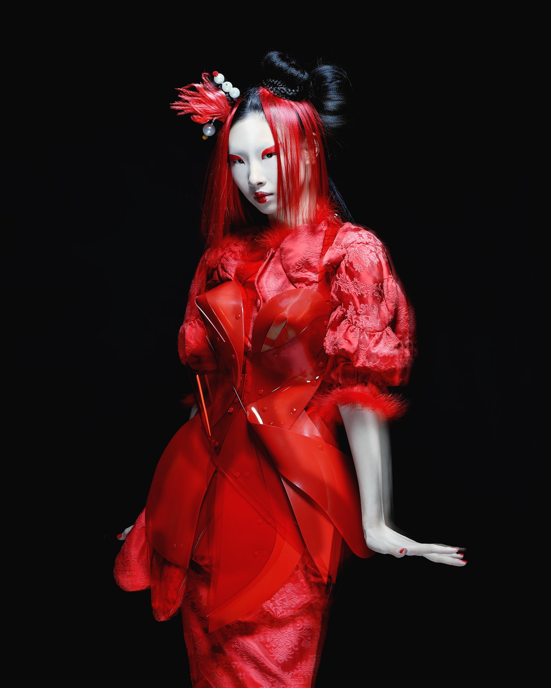 SCMP Style Magazine China x Jivomir Domoustchiev red vegan vinyl sculpture dress