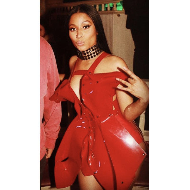 Nicki Minaj wearing bespoke Jivomir Domoustchiev Red Sculpture flower dress behind the scenes No Frauds video